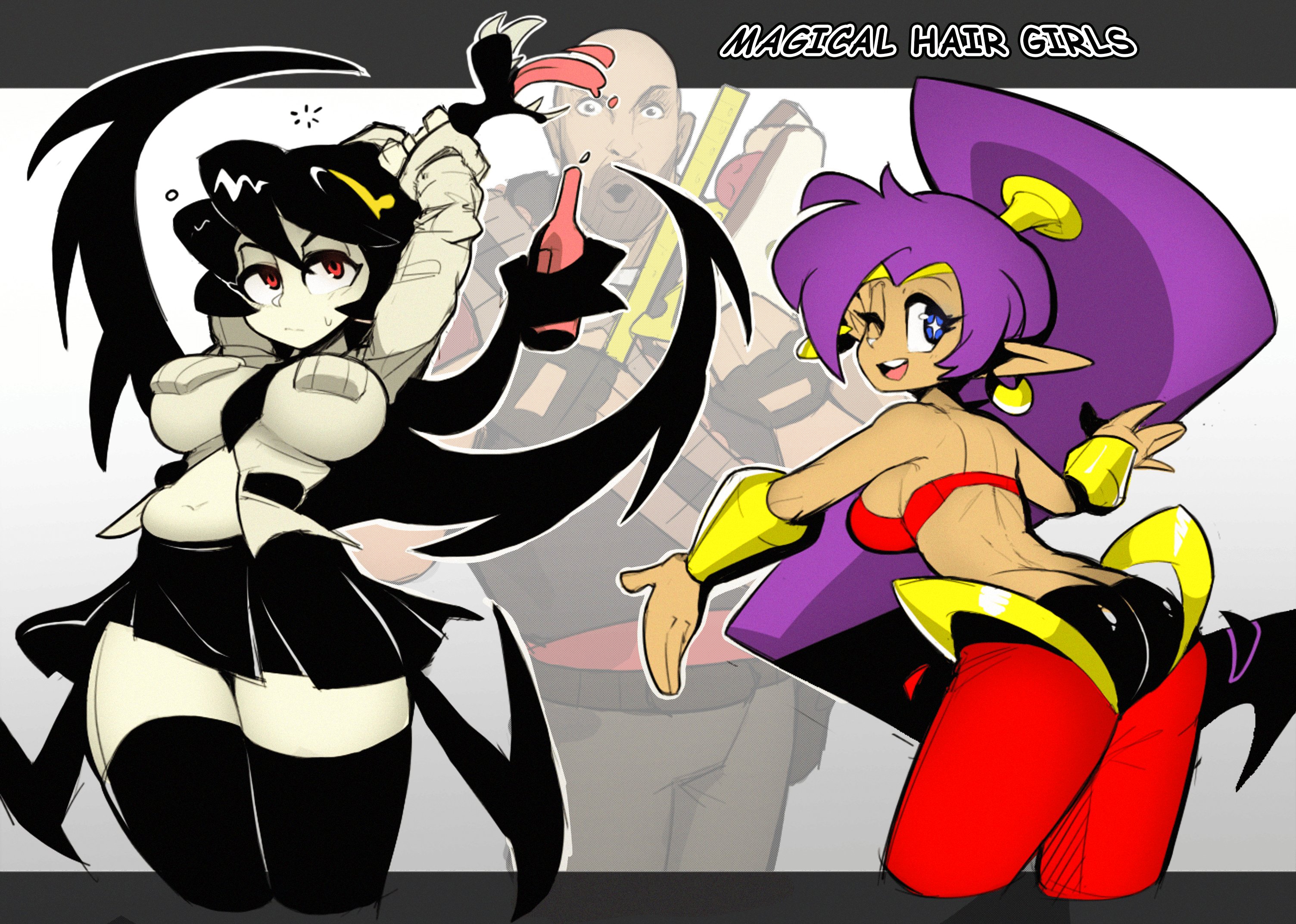1boy, 2d, 2girls, ass, belly button, black hair, blush, breasts, crossover, dark skin, dark-skinned female, earrings, female, filia (skullgirls), harem pants, heavy (team fortress 2), imdrowsy16, large breasts, light skin, light-skinned female, light-skinned male, living hair, long hair, male, miniskirt, multiple girls, navel, necktie, pointy ears, ponytail, purple hair, red bandeau, red eyes, red pants, samson (skullgirls), school uniform, schoolgirl, shantae, shantae (character), skirt, skullgirls, tagme, team fortress 2, thick thighs, thighhighs, thighs, tongue, tongue out