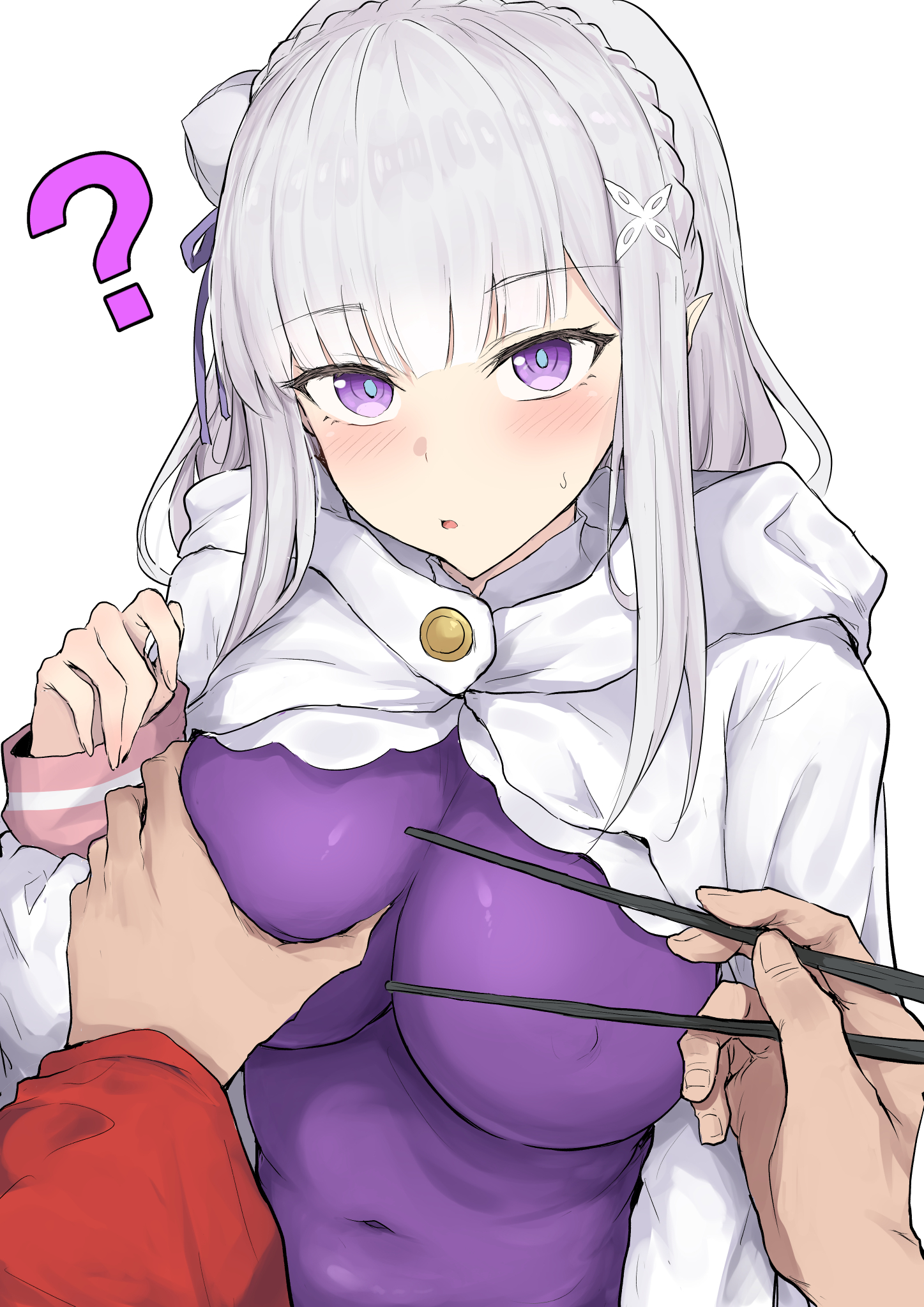 ?, 1boy, 1girls, belly, breast grab, breasts focus, chopsticks, elf, elf ears, elf female, emilia (re:zero), groping breasts, jumpsuit, large breasts, nipple bulge, pov, purple eyes, re:zero kara hajimeru isekai seikatsu, reid astrea (re:zero), sakiya, silver hair, skin tight suit, submissive female, tight clothing, villain on heroine, white background