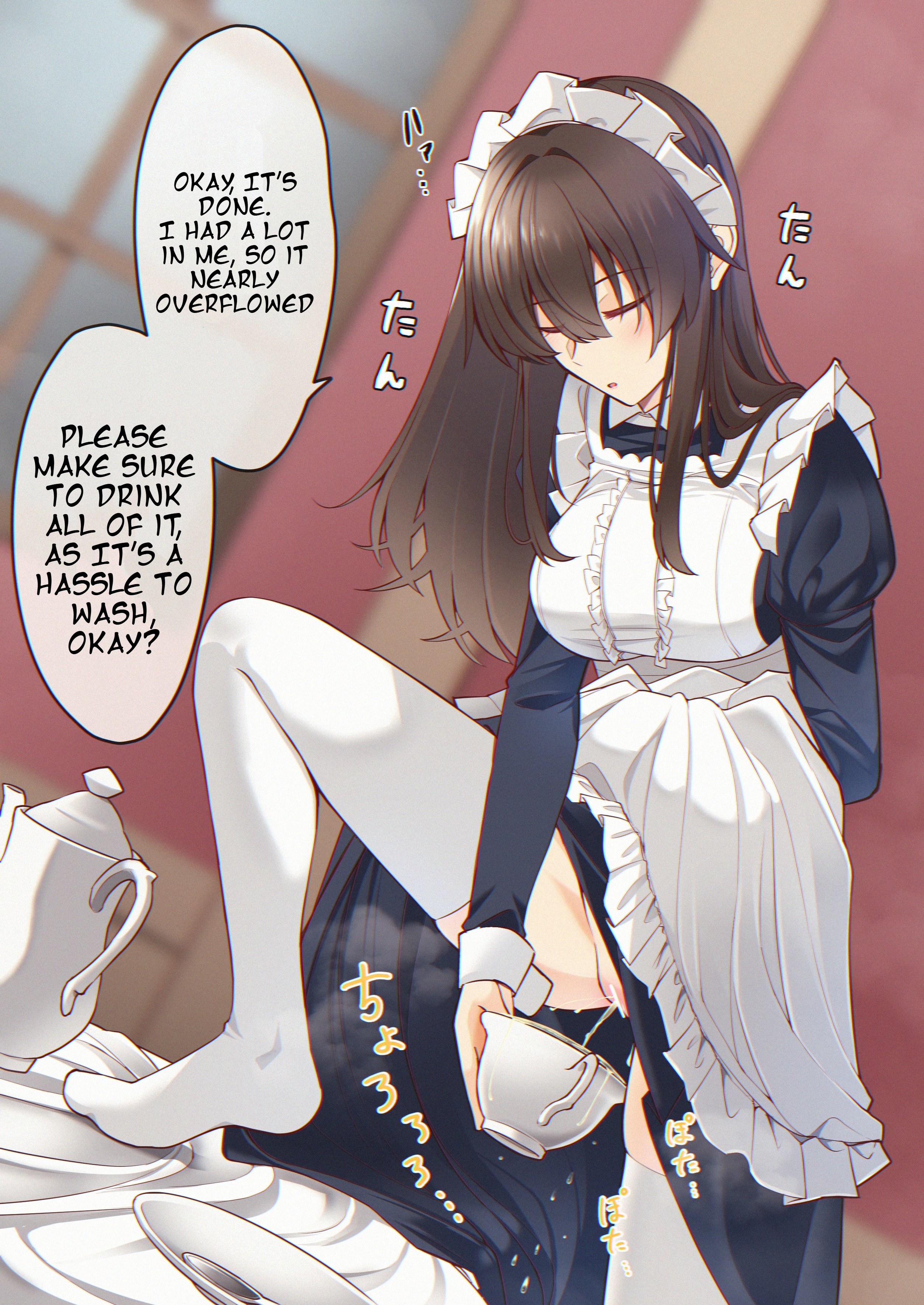 1girls, breasts, brown hair, censor bar, censored, closed eyes, container urination, dress, dress lift, dress lifted by self, english text, female, kabuto1107, large breasts, long hair, maid, maid dress, maid headdress, maid outfit, maid uniform, no panties, original, original character, peeing, peeing in cup, skirt, skirt lift, skirt lifted by self, solo, speech bubble, thighhighs, white thighhighs