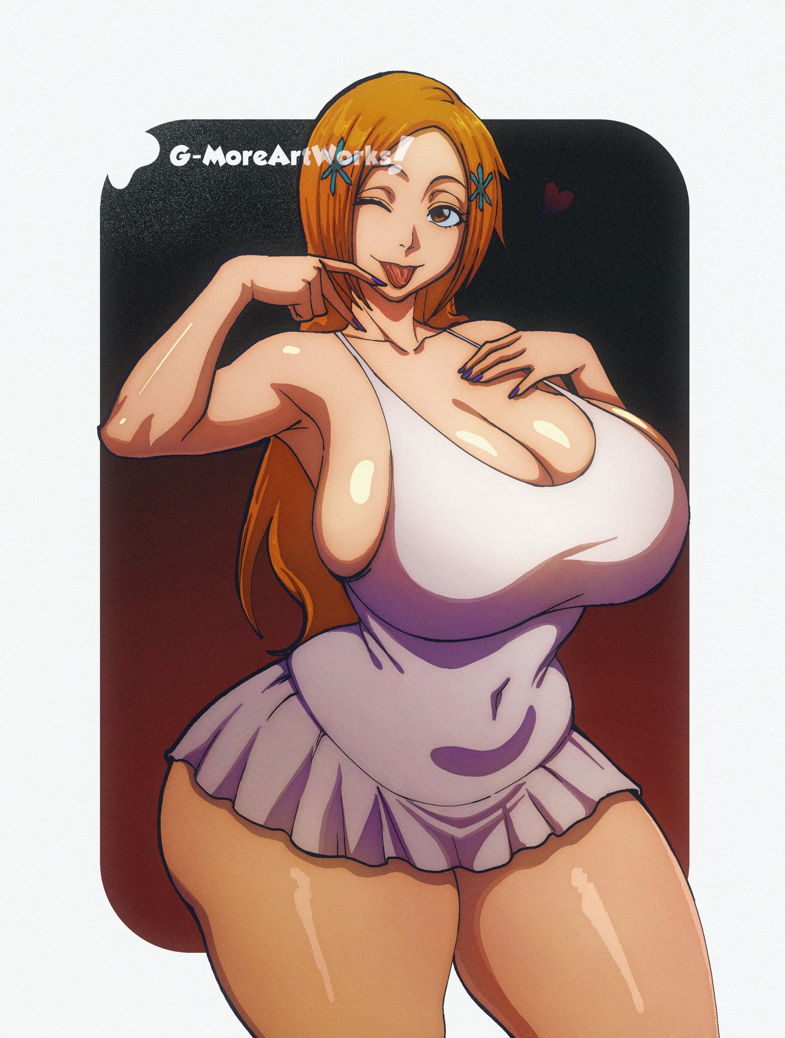 1girls, ass visible through thighs, bleach, boob window, digital media (artwork), gmoreartworks, gradient background, hair ornaments, hand on breast, heart, inoue orihime, large ass, large breasts, long hair, looking at viewer, nails, orange hair, orihime inoue, painted nails, pinup, smiling, solo, solo female, solo focus, tagme, tanktop, thick thighs, tongue, tongue out, voluptuous, watermark, wink