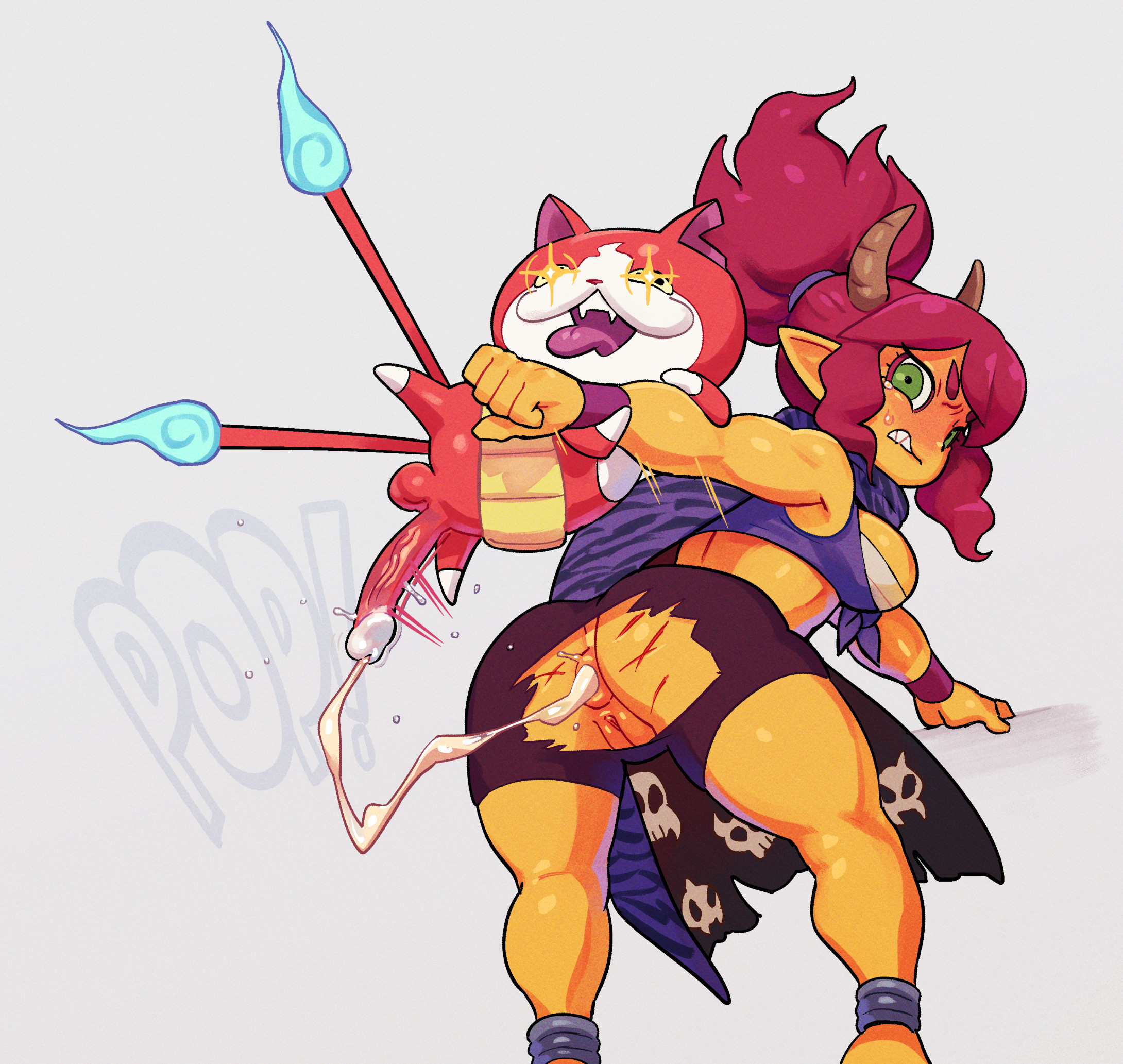 anal, ass, big breasts, big penis, breasts, crotchless spats, cum, cum drip, cum in ass, cum inside, cumming, feline, female, green eyes, grimace, horns, jibanyan, male, muscular, muscular female, noill, oni, oni horns, penis, ponytail, pussy, rape, red hair, scratch marks, scratches, shorts, thick penis, torn clothes, torn legwear, torn pants, torn shorts, vein, veiny penis, wince, yamabukihime, yo-kai watch, yo-kai watch puni puni, youkai