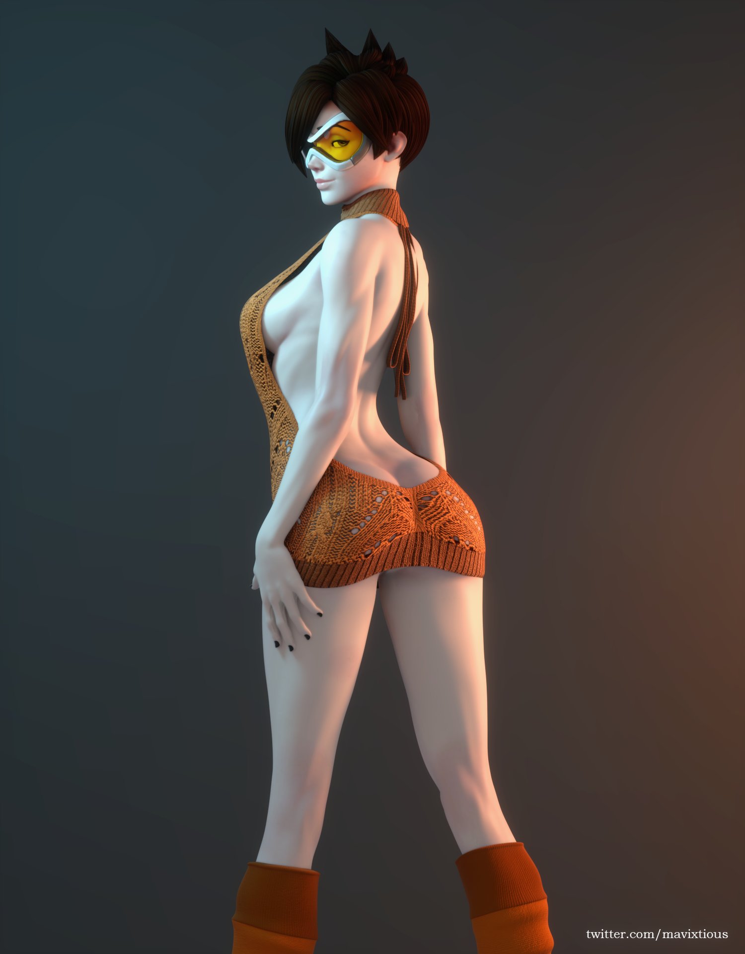 1girls, 3d, ass, blender, blizzard entertainment, brown hair, female, female focus, female only, goggles, looking at viewer, looking back, mavixtious, orange-tinted eyewear, overwatch, short hair, solo, solo female, solo focus, tinted eyewear, tracer, video games, virgin killer sweater, visor