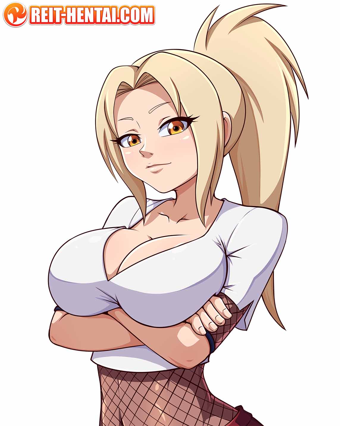 1girls, aged down, arms crossed under breasts, big breasts, blonde hair, breasts, clothed, crop top, female, fishnet clothing, fishnet shirt, fishnets, looking at viewer, naruto, naruto (series), naruto shippuden, ponytail, reit, t-shirt, tsunade, watermark, white background, yellow eyes, young tsunade
