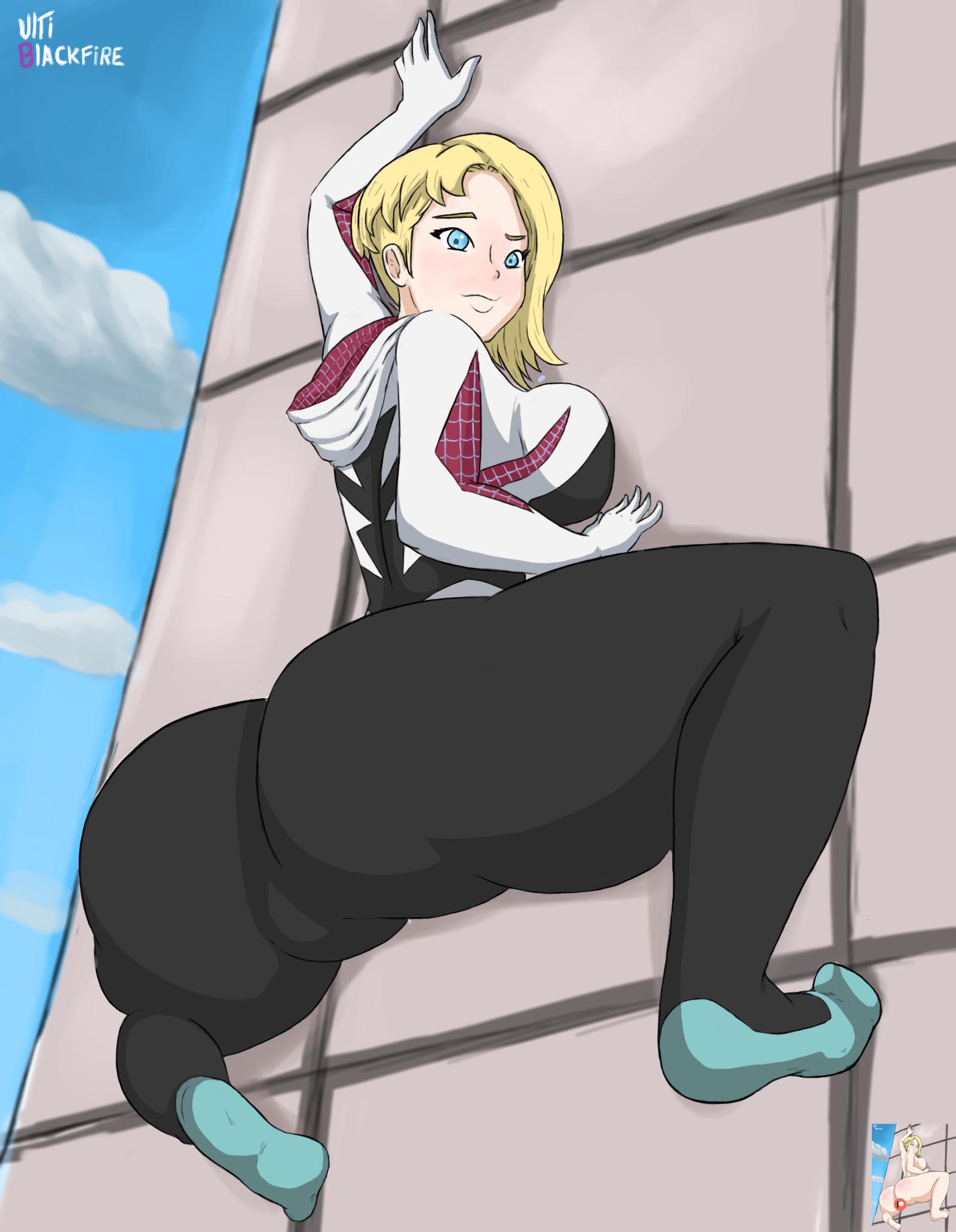 ass, asymmetrical hair, big ass, big breasts, blonde hair, blue eyes, breasts, costume, female, female only, gwen stacy, gwen stacy (spider-verse), marvel, marvel comics, round ass, short hair, solo, solo female, solo focus, spider-gwen, spider-man (series), spider-man: into the spider-verse, superheroine, thick ass, ultiblackfire, voluptuous