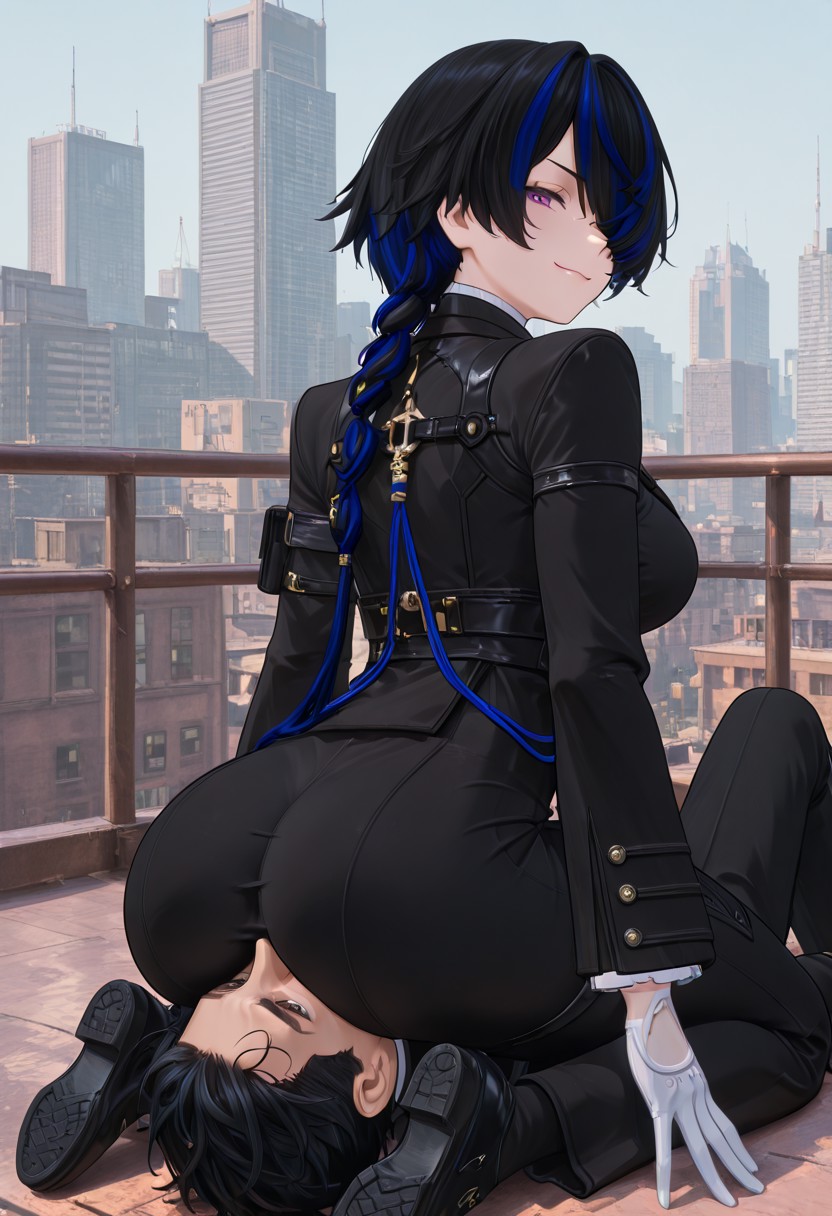 ai generated, ass, ass focus, ass smothering, black coat, black hair, black pants, blue strand of hair, clothed female nude male, daffodill (neverness to everness), dominant female, face in ass, facesitting, femdom, looking at viewer, neverness to everness, submissive male, tagme, white gloves