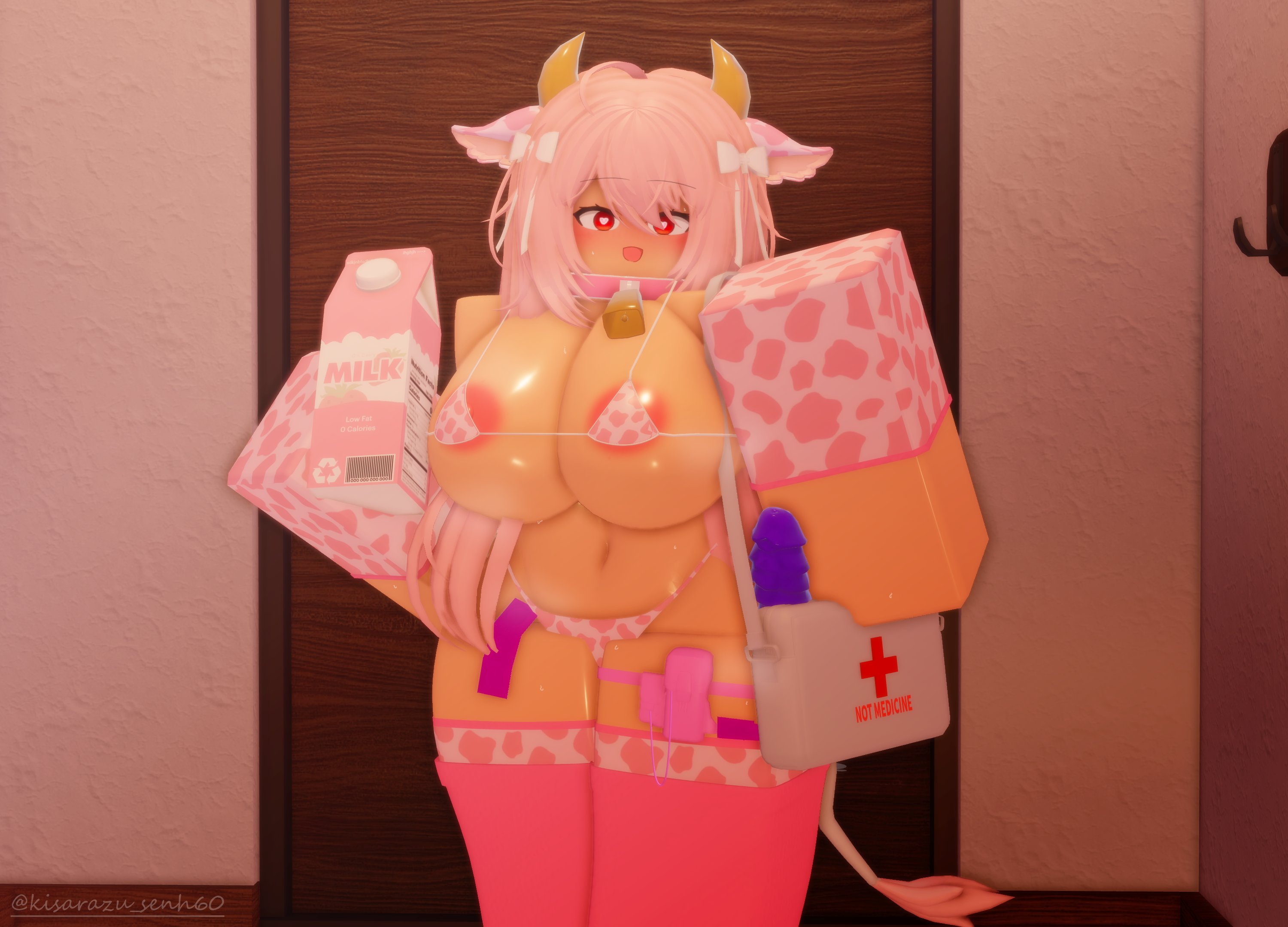 1girl, 1girls, 3d, 3d (artwork), 3d model, areola, areola slip, areolae, areolae slip, belly button, big breasts, bikini, bikini bottom, bikini top, blush, blushing, blushing at viewer, breasts, cow bikini, cow print, cow print bikini, dildo, doctor, female only, holding object, huge breasts, japanese text, kisarazu senh60, milk, milk carton, pink cow print, roblox, robloxian, seductive, seductive eyes, seductive look, seductive smile, source request, stomach, thick legs, thick thighs, thigh highs, thighhighs, thighs, twitter, twitter username, vibrator, vibrator cord