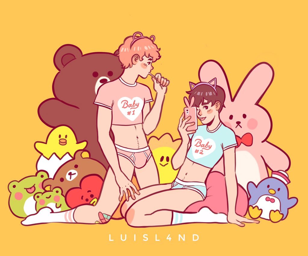 2boys bandage black_hair boxer_briefs bulge cellphone crop_top femboy girly lollipop luisl4nd male male_only orange_hair pose stuffed_animal tube_socks