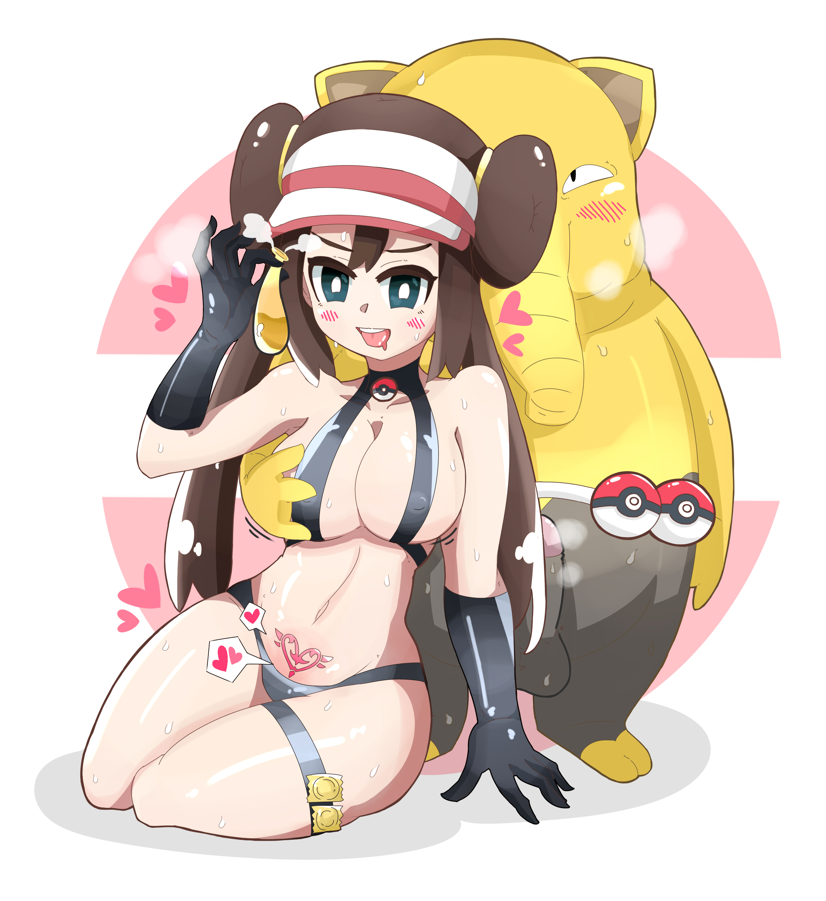 1boy, 1girls, alternate outfit, balls, big breasts, blue eyes, blushing, breast grab, breasts, brown hair, chubby, condom, condom balloon, cum in condom, double bun, drowzee, erection, eye contact, female, filled condom, furry, gloves, half-closed eyes, hat, heart, huge thighs, human, interspecies, kjw, larger female, light skin, light-skinned female, long hair, looking at viewer, male, nintendo, overweight, overweight male, pale skin, pale-skinned female, pokeball, pokemon, pokemon bw2, pokemon rgby, pokephilia, pubic tattoo, rosa (pokemon), shortstack, size difference, smaller male, tattoo, testicles, thick thighs, thighs, twintails, two-tone fur, unusual anatomy, unusual eyes, unusual pupils, used condom, wide hips, yellow fur