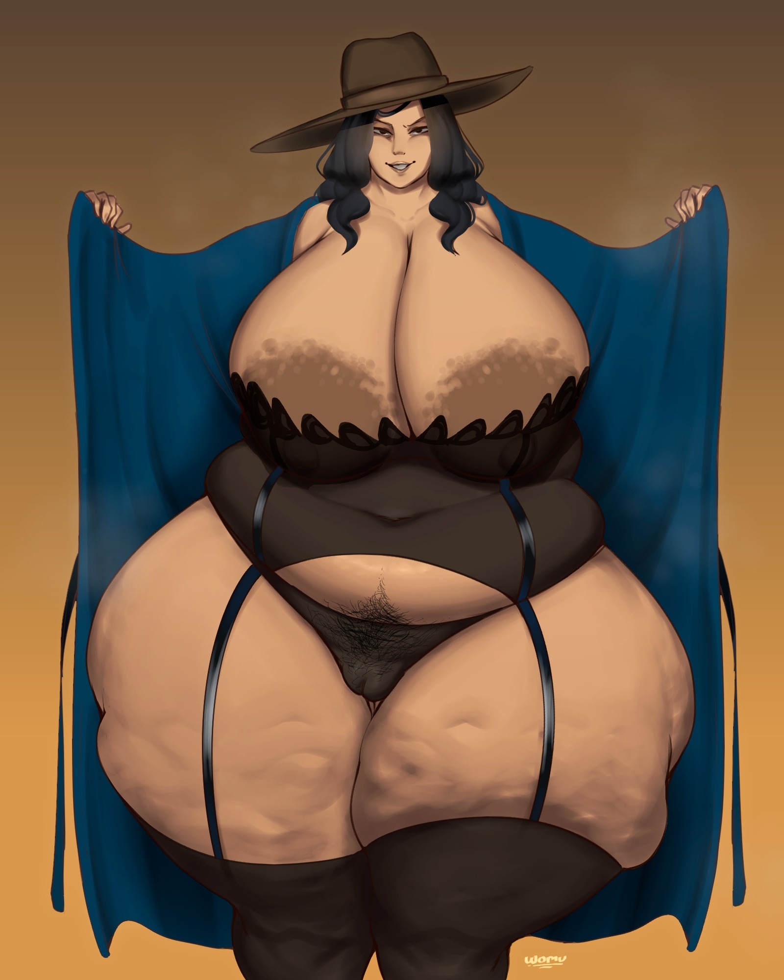 black hair, chubby, chubby female, cowgirl hat, fat, large breasts, lingerie, milf, opening robe, plump, plump thighs, robe, thick ass, thighhighs, wide hips, womunova