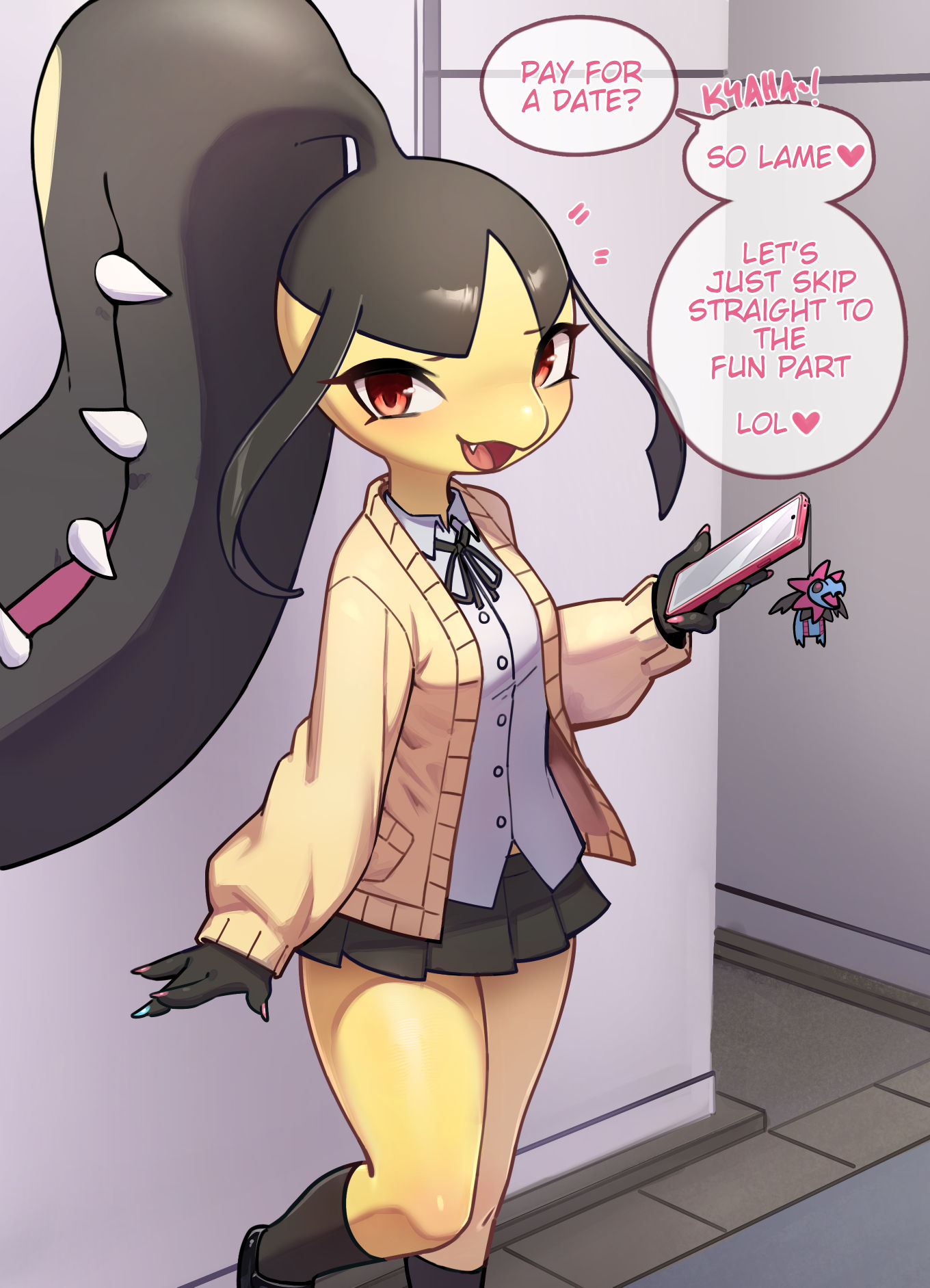 1girls, almond nails, alternative fashion, anthro, azuu, azuu (azuucookie), black body, black hair, black ribbon, black skirt, black socks, blush, bottomwear, brown eyes, cardigan, cellphone, cellphone charm, charm (object), clothed, clothed pokemon, clothing, collared shirt, colored fingernails, colored nails, colored skin, commentary, detailed background, dialogue, electronics, english commentary, english text, exclamation point, eyelashes, fang, fangs, female, fingernails, footwear, furry, furry female, gen 3 pokemon, generation 3 pokemon, gyaru, heart, heart symbol, hi res, highres, holding, holding object, holding phone, humanoid, hydreigon, indoors, j-fashion, keychain, kogal, long hair, long nails, looking at viewer, mawile, mesugaki, miniskirt, nails, neck ribbon, nintendo, open cardigan, open clothes, open mouth, open smile, phone, phone charm, pleated skirt, pokemon, pokemon (creature), pokemon (species), red eyes, ribbon, shirt, shoes, sidelocks, skirt, smartphone, smile, socks, solo, speech bubble, spoken heart, standing, teeth, text, white shirt, yellow body, yellow skin