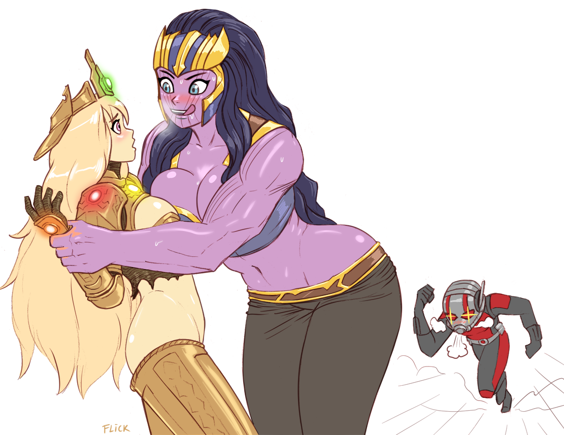 1boy, 2d, 2girls, ant-man, ass, female, flick, gijinka, grabbing arms, humanized, imminent anal, infinity gauntlet, male, marvel, marvel cinematic universe, marvel comics, meme, purple skin, purple-skinned female, rule 63, tagme, thanos, thick ass