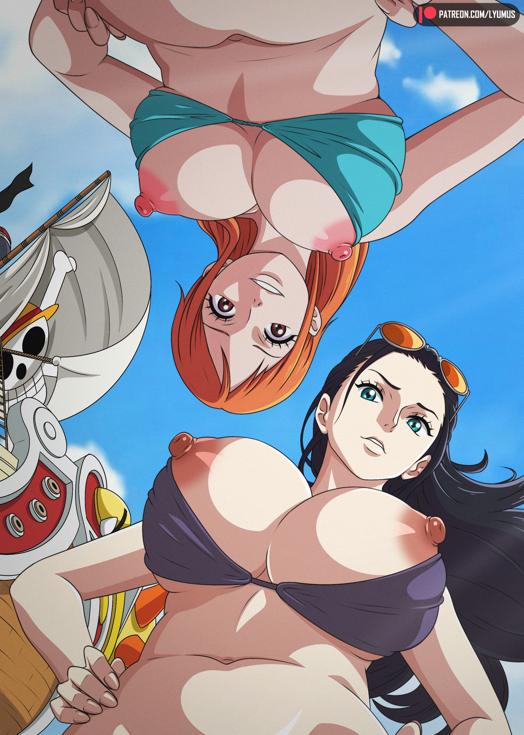 2girls, bikini, black hair, black-haired female, female, female only, linea alba, lyumus, nami (one piece), nico robin, nipples, one piece, orange hair, orange-haired female