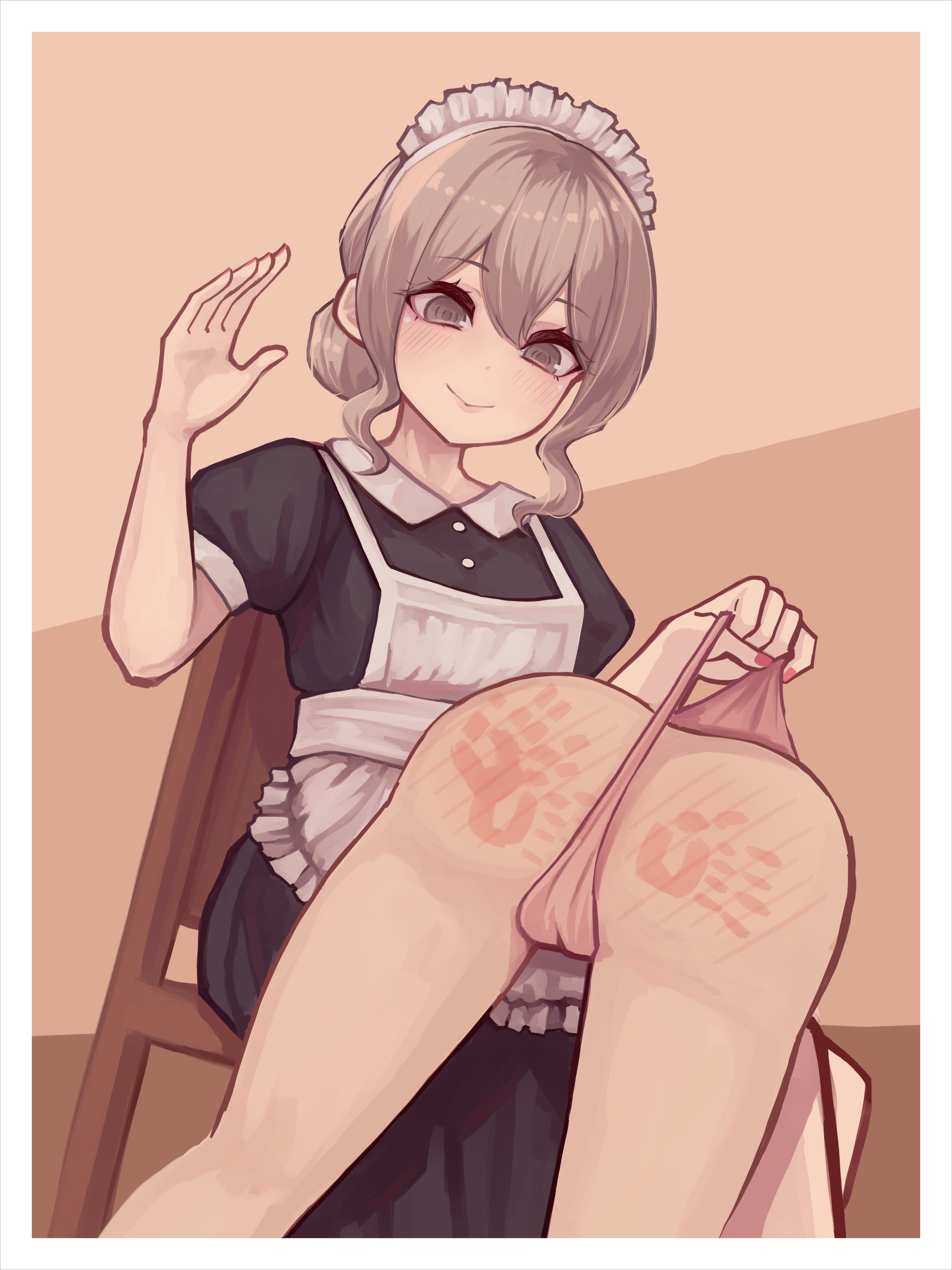ass, big ass, big breasts, big butt, breasts, butt, digital drawing (artwork), digital media (artwork), dominant, dominant female, domination, eyebrows visible through hair, female, femdom, hair between eyes, huge ass, huge breasts, huge butt, kikiu bd, maid, maid apron, maid headdress, maid outfit, maid uniform, original, panties, spank marks, spanked, spanked ass, spanked butt, spanking, spanking ass, thick thighs, thighs, woman