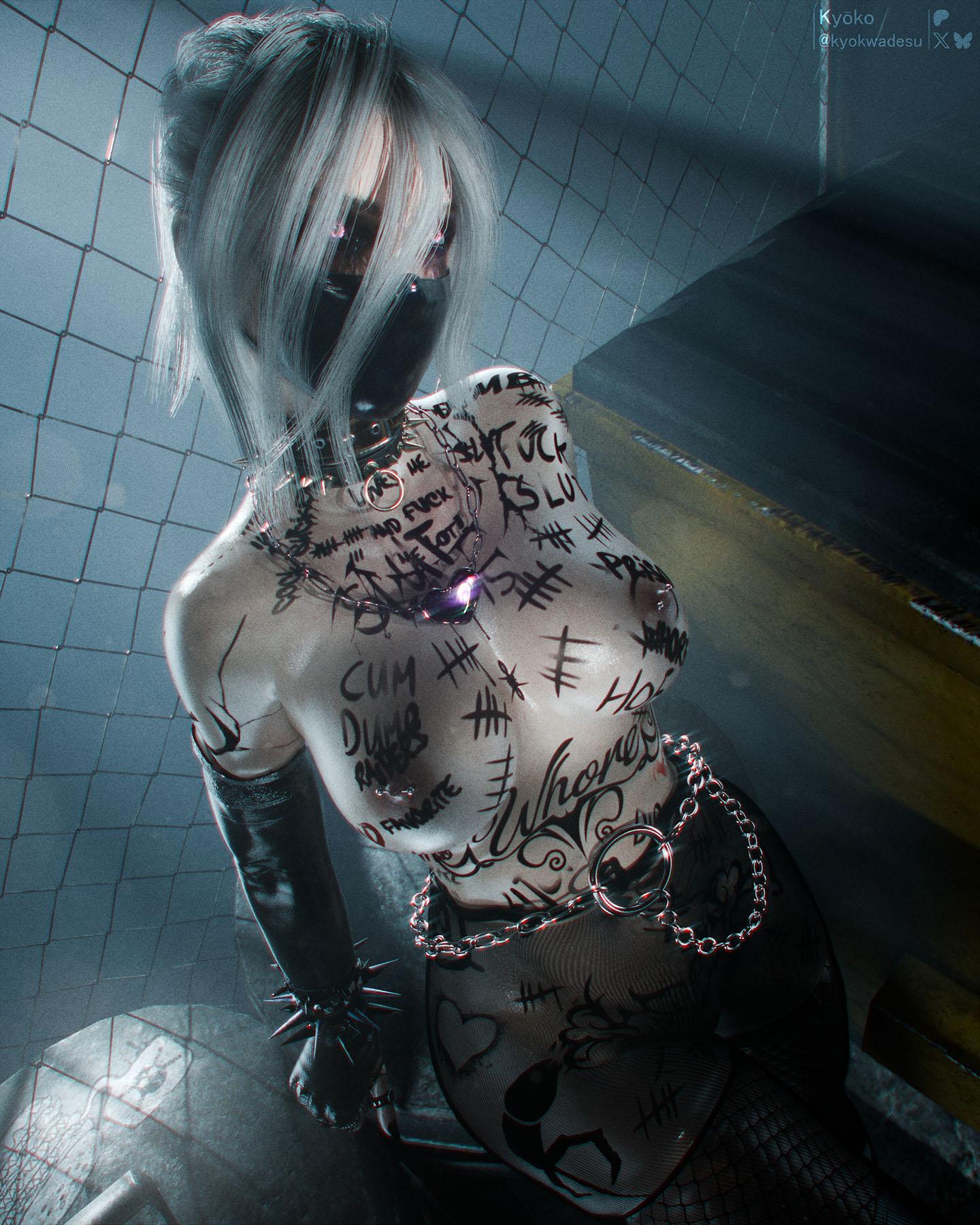 1girls, 2026, 3d, areolae, big breasts, black nail polish, body writing, bracelet, bracelets, breasts, chain necklace, chain-link fence, collar, dbd, dead by daylight, elbow gloves, exposed breasts, face mask, facemask, female, female only, fingerless gloves, fishnet stockings, fishnets, front view, gloves, glowing eyes, hairless pussy, heart necklace, kyokwadesu, latex mask, legs together, light skin, light-skinned female, long fingernails, long hair, looking at viewer, nail polish, necklace, nipple piercing, nipples, no panties, no panties under pantyhose, nopan, nude, outdoor nudity, outdoors, painted nails, pantyhose, pierced nipples, piercing, piercings, purple eyes, purple eyeshadow, ruined makeup, runny makeup, runny mascara, sable ward, silver hair, sitting, sitting on object, sitting on trash can, solo, spiked bracelet, spiked collar, stockings, tally marks, tight gloves, topless, topless female, trash, trash can, waist chain