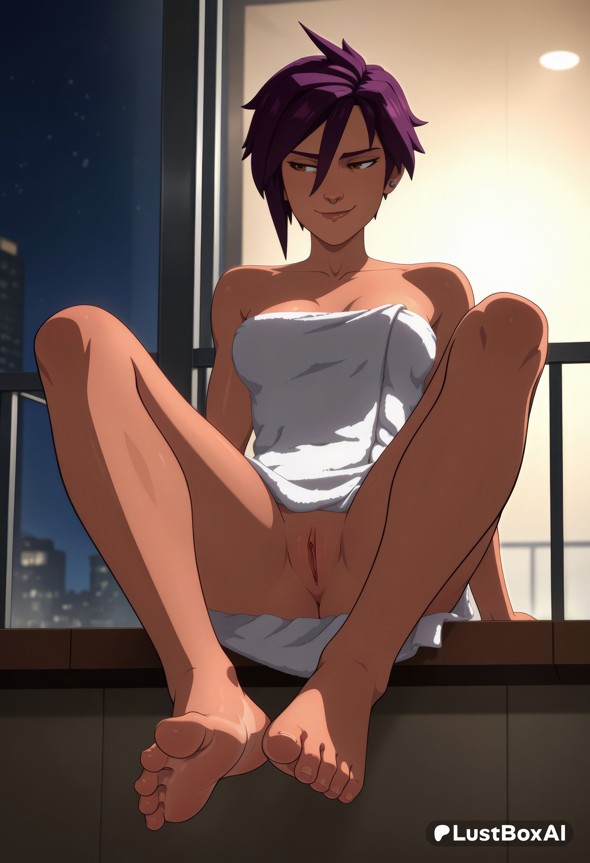 1girls, ai generated, artist name, bare shoulders, barefoot, breasts, brown eyes, cleavage, clitoral hood, collarbone, dark skin, dark-skinned female, dispatch (game), ear piercing, earrings, feet, female human, full body, hair between eyes, hi res, indoors, invisigal, jewelry, lustboxai, medium breasts, naked towel, night, piercing, purple hair, pussy, short hair, sitting, smile, soles, solo, toenails, toes, towel, uncensored, window