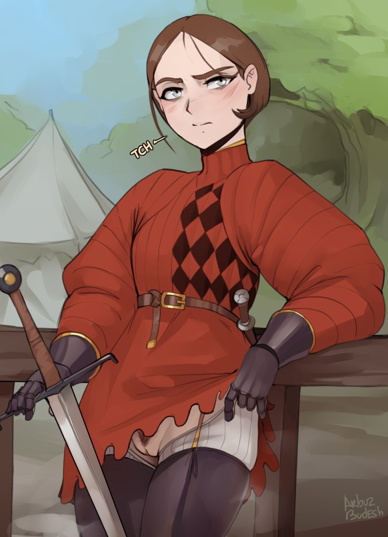 1girls, annoyed, annoyed expression, arbuzbudesh, armor, armored female, blush, brown hair, closed mouth, clothes lift, crotchless, crotchless clothes, emmelot (wassnonnam), feet out of frame, female, female only, flashing, flashing pussy, grey eyes, groin, knight, original, outdoors, pubic hair, pussy, short hair, sword, wassnonnam
