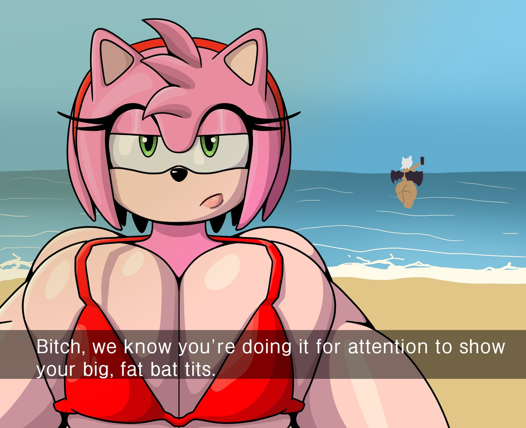2026, 2girls, amy rose, annoyed, anthro, bat, beach, big breasts, bikini, bra, breast size talk, breast squish, breasts, butt, cellphone, clothing, duo, electronics, english text, eulipotyphlan, eyelashes, female, fur, green eyes, hedgehog, hi res, honduran white bat, huge breasts, leaf-nosed bat, mammal, microbat, narrowed eyes, nude, nude female, partially submerged, phone, pink body, pink fur, profanity, red bikini, red bra, red clothing, red underwear, rouge the bat, sea, sega, selfie, size talk, smartphone, solo focus, sonic (series), sonic the hedgehog (series), squish, tan body, tan skin, text, thick thighs, underwear, water, white body, white fur, wide hips, wings, yangochiropteran, yiomo
