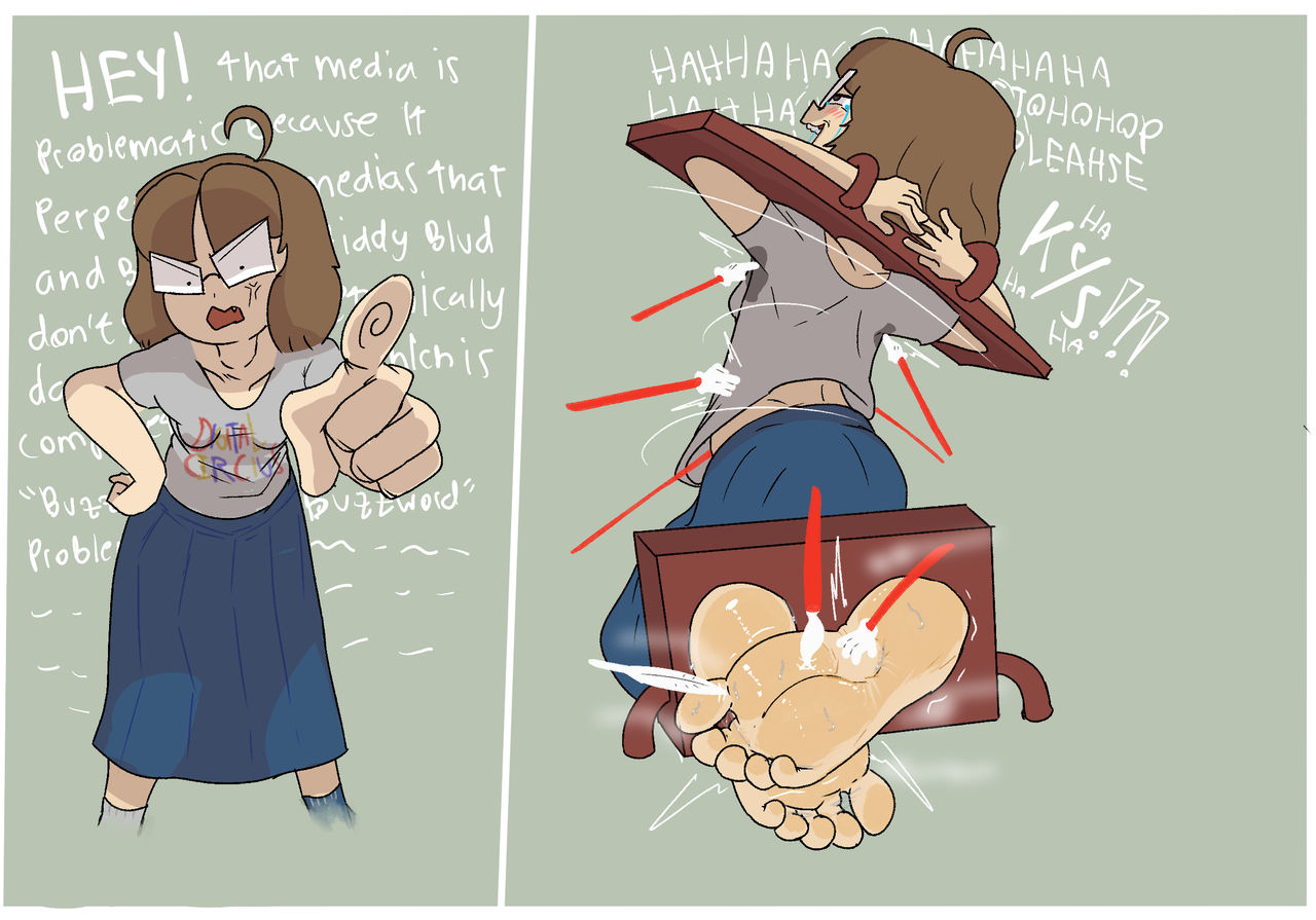 1girl, 1girls, ahoge, angry, angry face, ass, back, back view, before sex, brown hair, brunette, brunette female, brunette hair, brunette-haired female, carnyotta, cuffs, english, english dialogue, english text, ethicalgooner2007 (kryptraider), feet, feet focus, female, female only, glasses, grey background, laugh, laughing, long skirt, looking at viewer, medium breasts, meme, meme attire, meme clothing, nerd, nerdy, nerdy female, oversized clothes, oversized shirt, pale, pale skin, pale skinned female, pale-skin, pale-skinned female, restrained, restrained arms, restraints, shirt, short hair, skirt, soles, solo, square glasses, sweat stain, tagme, tear, tears, tears in eyes, teary eyes, teasing, tickle fetish, tickle torture, tickling, tickling armpits, tickling feet, white shirt