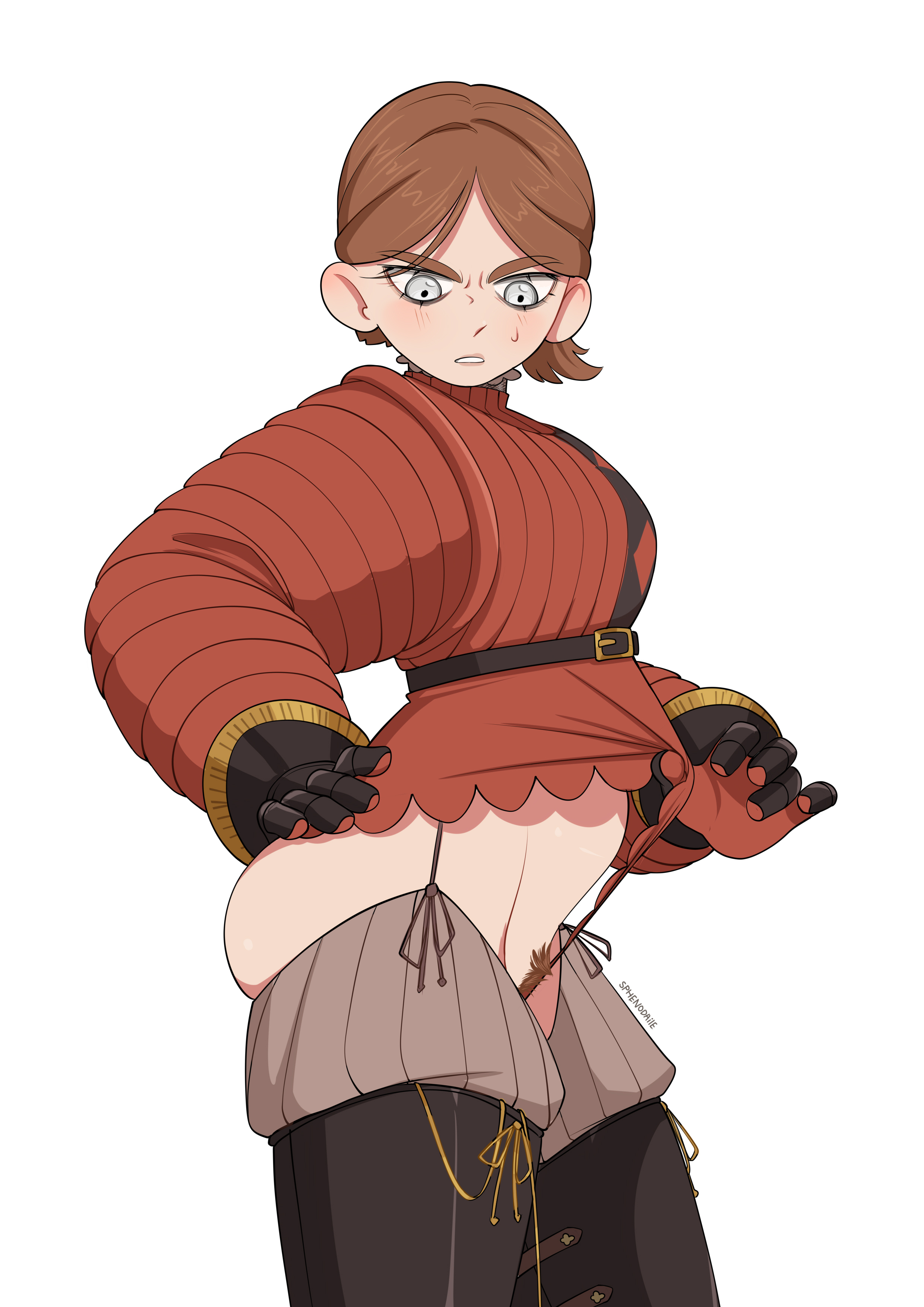 1girls, armor, armored female, blush, brown hair, clothes pull, clothing, emmelot (wassnonnam), feet out of frame, female, female only, grey eyes, original, pubic hair, short hair, side view, sphenodaile, sweat, sweatdrop, thigh boots
