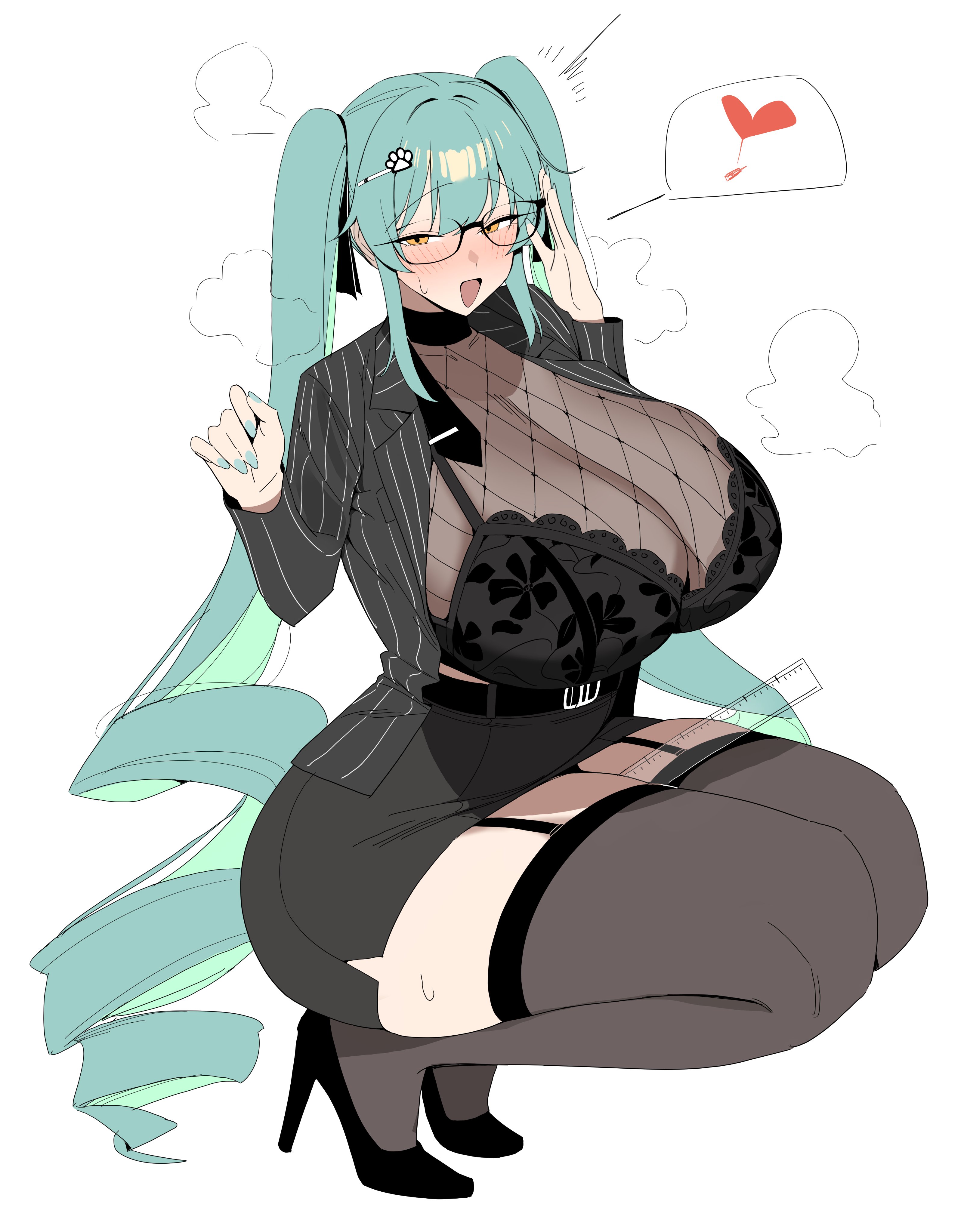 1girls, ass, belt, big ass, big breasts, blue hair, blush, bra, breasts, breasts bigger than head, crouching, female, female only, fingernails, fingers, fishnets, fully clothed, garter straps, glasses, goddess of victory: nikke, hair ornament, heart, heels, hips, huge breasts, looking at viewer, nail polish, necktie, privaty (nikke), privaty (sharp lesson) (nikke), ruler, smile, smiling at viewer, tagme, thick thighs, thigh high stockings, thighhighs, thighs, twintails, white background, wide hips, ysz