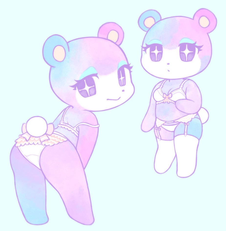 :o, animal crossing, ass, bear, blue fur, bow, chibi, cleavage, cub, cute, female, gradient background, gradient fur, judy (animal crossing), lingerie, looking at viewer, looking back, nintendo, pink fur, presenting, presenting hindquarters, purple fur, seductive, smile, solo, solo female, solo focus, stockings, tail, underwear, ursid
