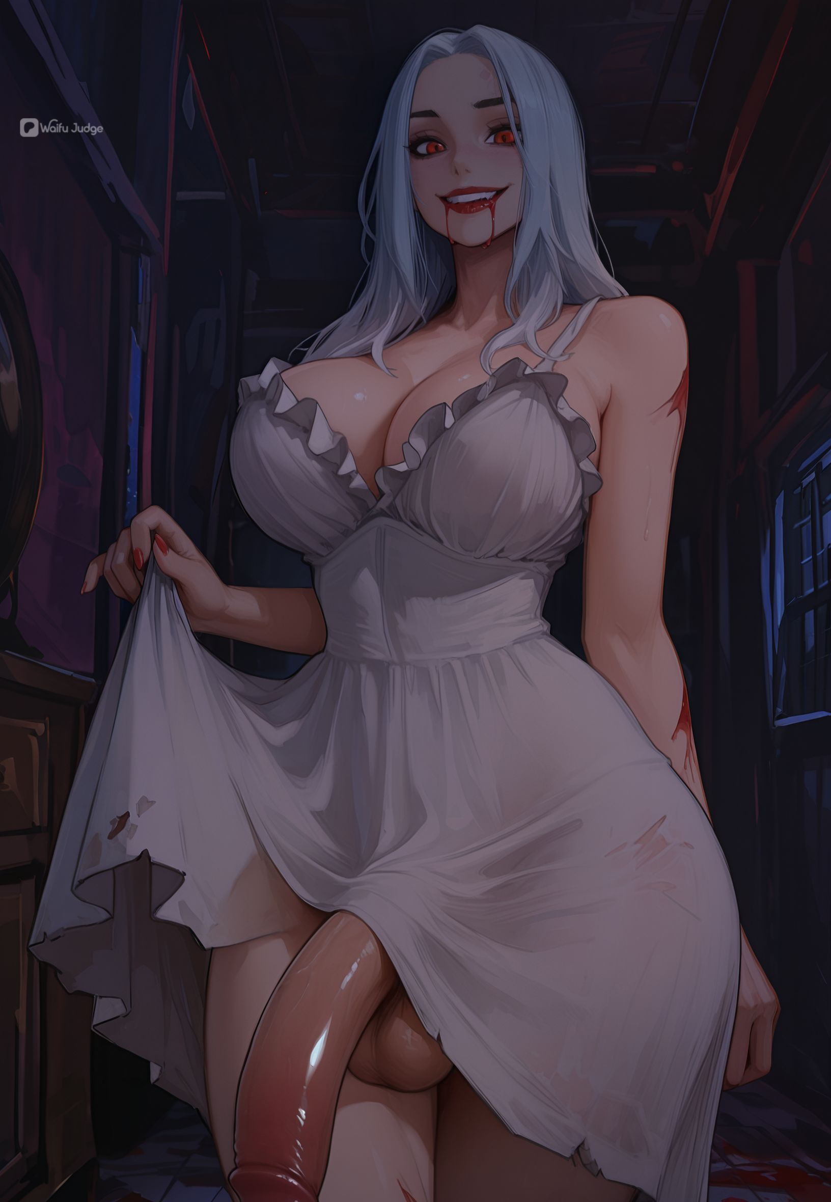 1girl, ai assisted, ai generated, bangs, bare shoulders, big cock, big dick, big penis, blush, breasts, cleavage, clothes lift, collarbone, curvaceous, curvy, curvy figure, dress, dress lift, flaccid, futa focus, futa only, futanari, huge breasts, imminent fellatio, imminent oral, large breasts, lipstick, long hair, long penis, looking at viewer, nipples, no panties, original, pale skin, pale skinned female, pent up, q, red eyes, resident evil, resident evil 9: requiem, see-through, selena corey, shiny penis, shiny skin, silver hair, solo, solo focus, standing, teeth, thighs, throbbing penis, uncensored, undead, waifu judge, white dress, white hair, zombie, zombie girl