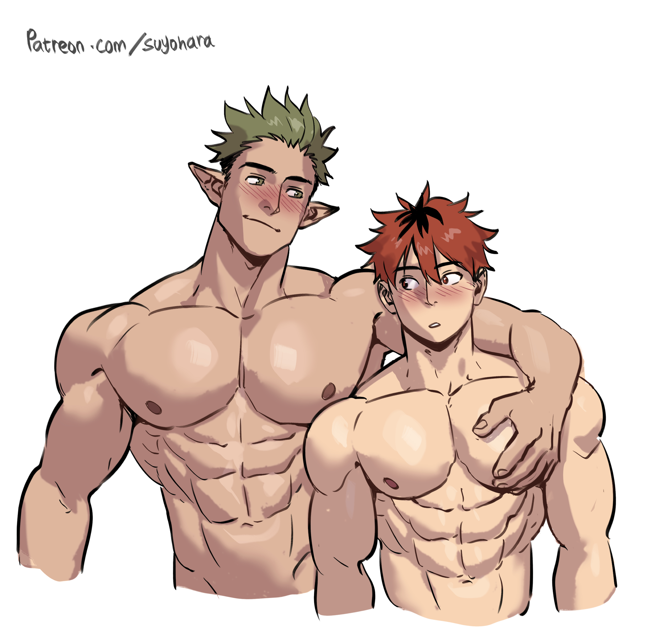 bara, gay, kraft (sousou no frieren), male, male focus, male only, muscular, muscular male, seducing, sousou no frieren, stark (sousou no frieren), suyohara, yaoi