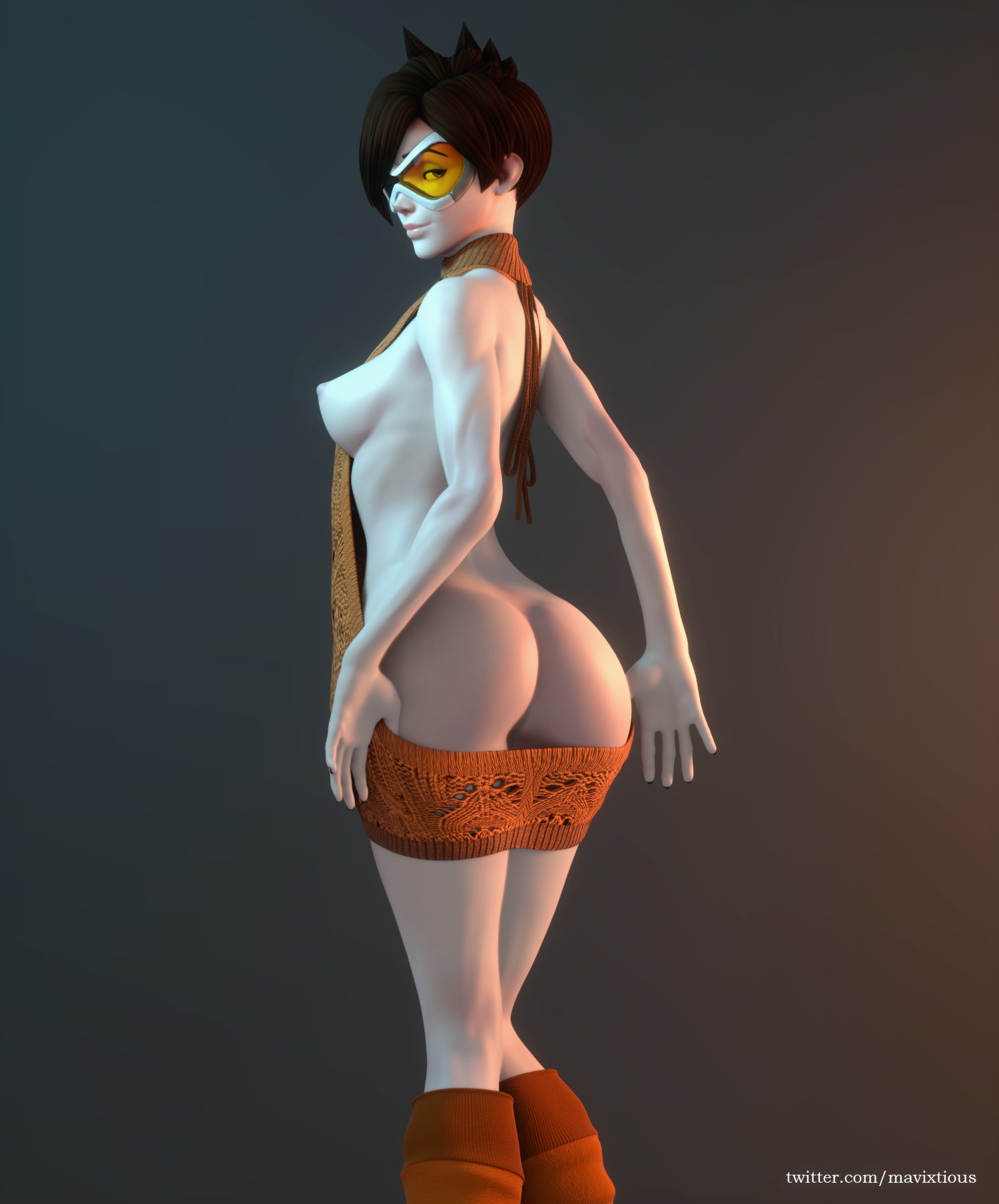 1girls, 3d, areolae, ass, blender, female, female only, goggles, looking at viewer, looking back, mavixtious, nipples, orange-tinted eyewear, overwatch, solo, tinted eyewear, tracer, virgin killer sweater, visor