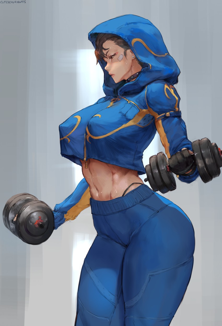 abs, absurdres, adapted costume, artist name, bandaid, breasts, brown hair, capcom, chun-li, collar, covered nipples, crop top, crop top overhang, cropped jacket, cutesexyrobutts, dumbbell, earrings, exercise, female, female only, grey background, highleg, highleg panties, highres, hood, hoodie, huge filesize, impossible clothes, impossible shirt, jewelry, large breasts, midriff, muscles, navel, paid reward, panties, pants, patreon reward, shirt, short hair, signature, solo, spiked collar, spikes, street fighter, street fighter alpha, sweat, thick thighs, thighs, toned, underwear, weightlifting, yoga pants, zipper