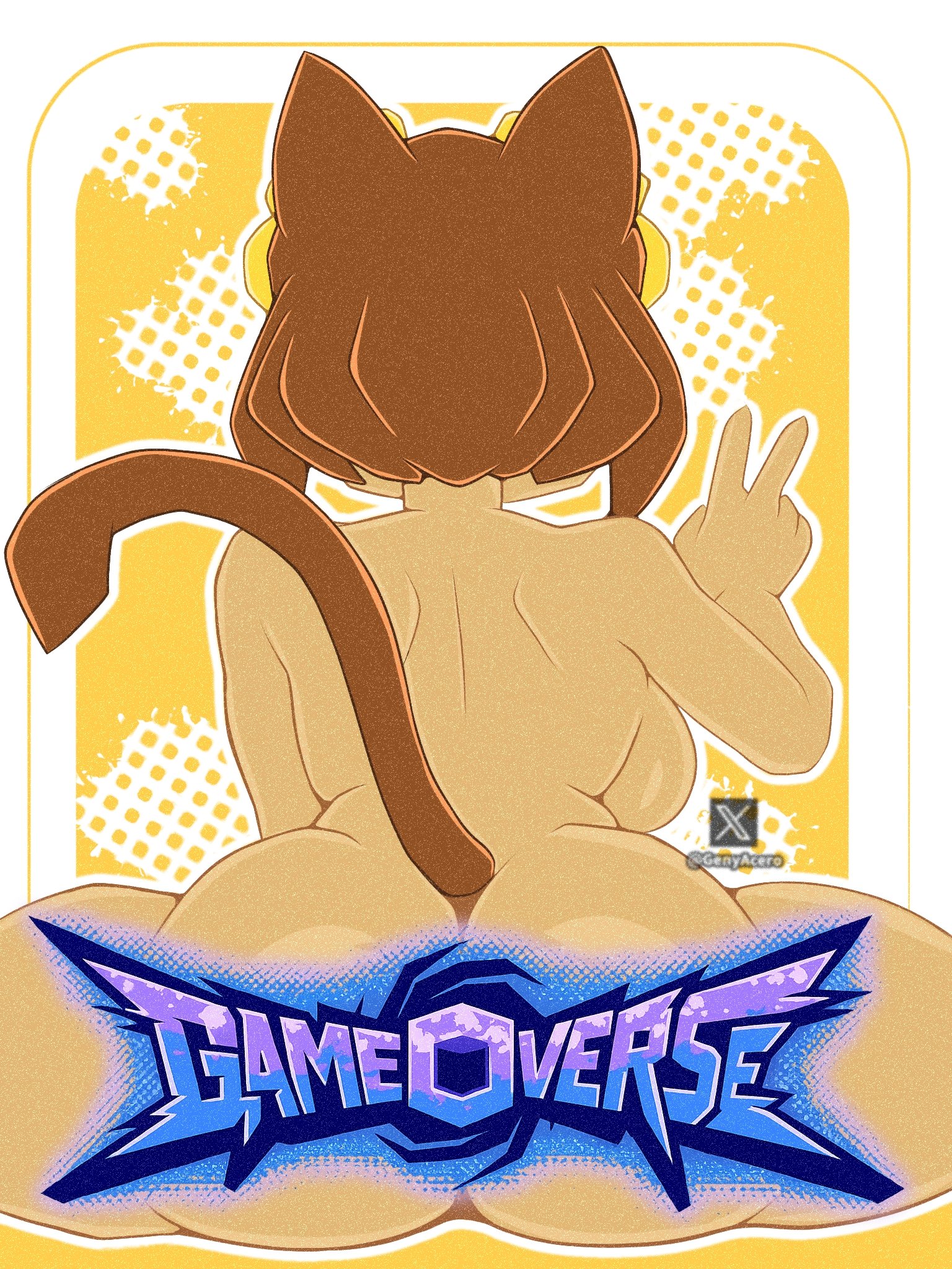 1girls, 2026, 2d, 2d (artwork), anthro, artist name, ass, back view, backboob, breasts, brown body, brown hair, brown skin, brown-haired female, brown-skinned female, cat ears, cat girl, cat tail, catgirl, censored, color, colored, completely naked, completely naked female, completely nude, completely nude female, digital drawing (artwork), digital media (artwork), feline, feline humanoid, female, female focus, female only, gameoverse, genyacero, glitch productions, humanoid, kit (gameoverse), kit bodega, naked, naked female, nude, nude female, solo, solo focus, tail, thighs, v, watermark