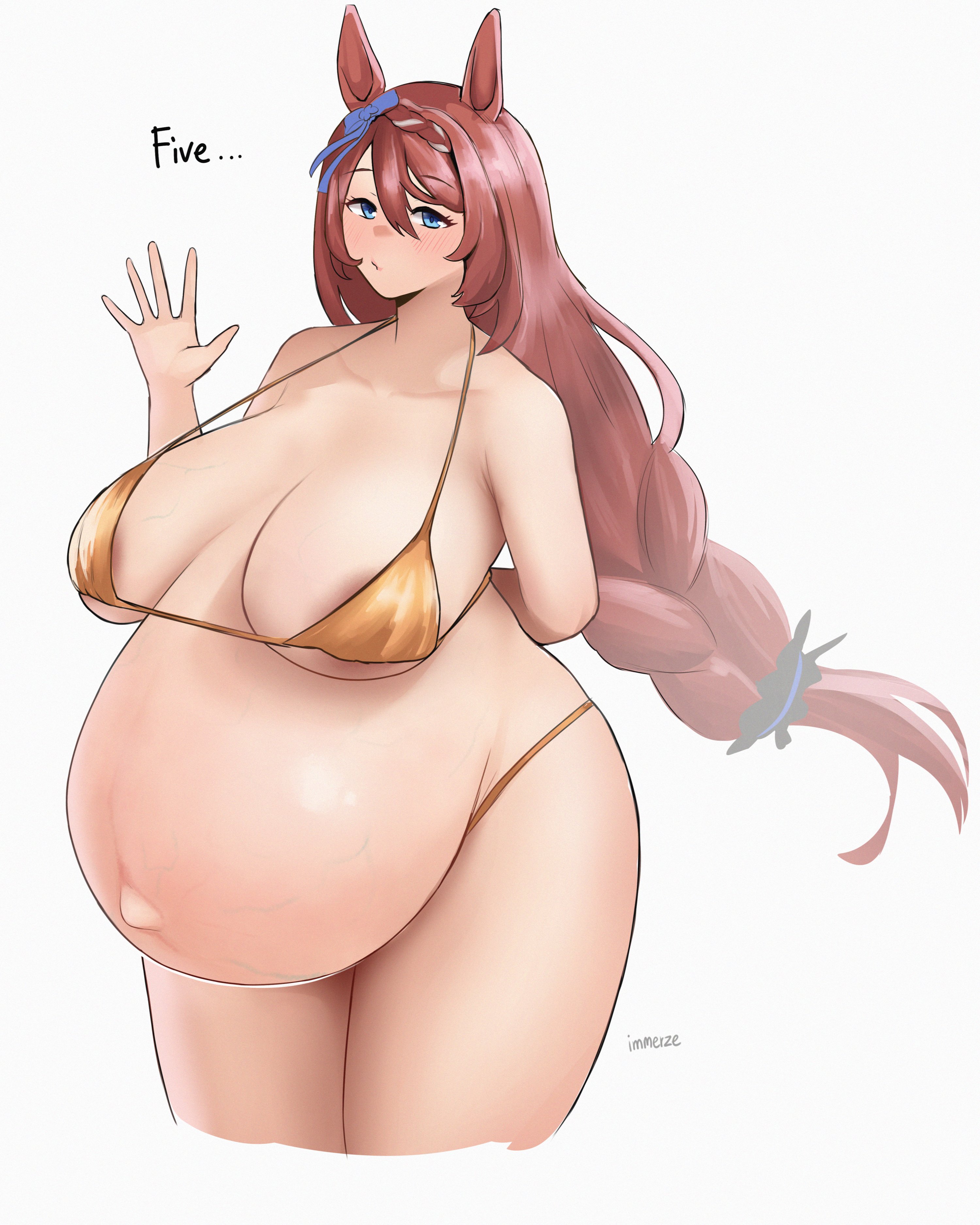 areola slip, big breasts, bikini, blue eyes, blush, braid, braided hair, female, female only, gold bikini, golden bikini, hair ribbon, horse ears, horse girl, huge breasts, immerze, looking at viewer, micro bikini, outie navel, pregnant, pregnant with multiples, quintuplets, ready to pop, sagging breasts, single braid, solo, super creek (umamusume), thick thighs, umamusume, umamusume pretty derby, veiny belly, veiny breasts, very long hair, wide hips