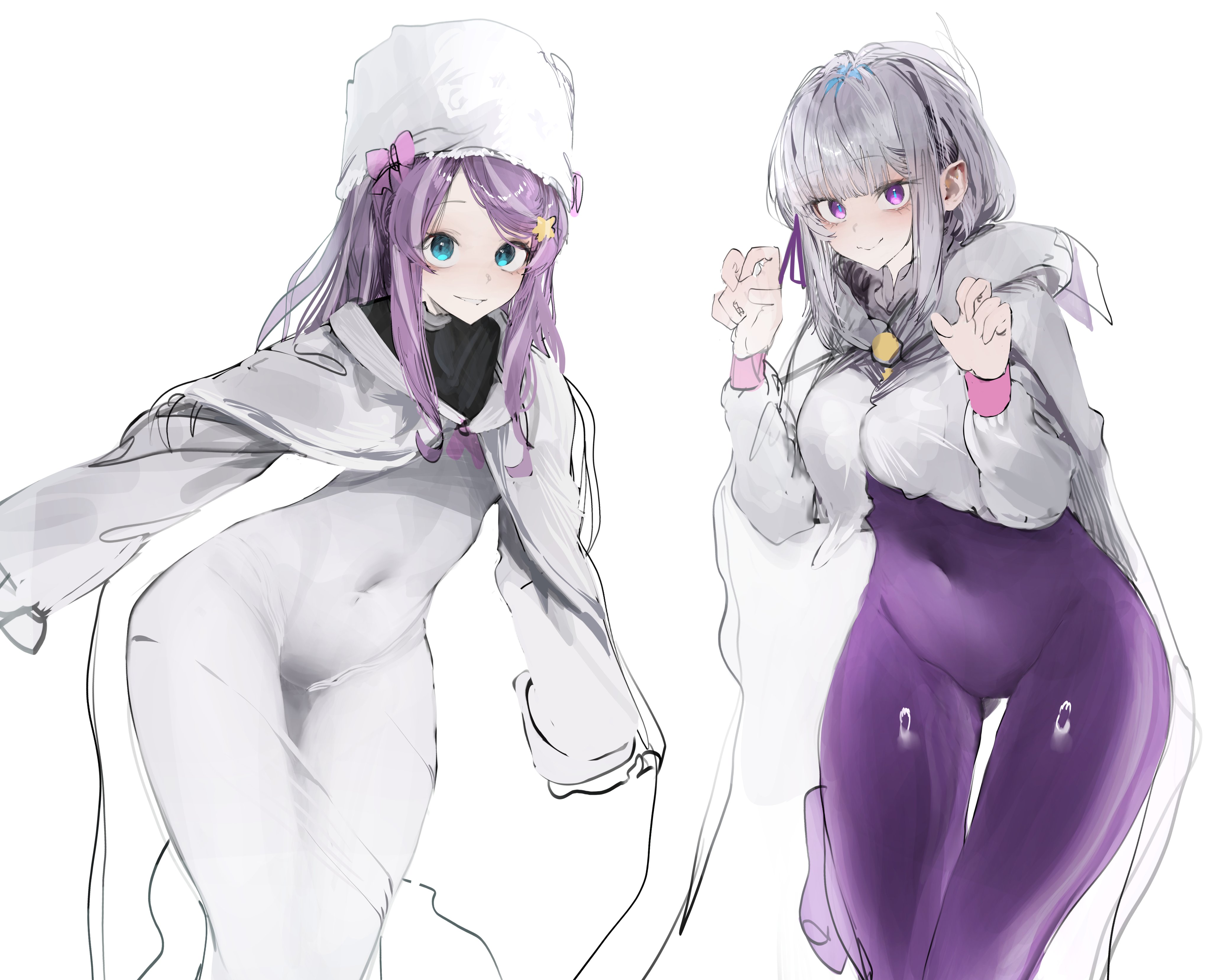 2girls, anastasia hoshin, breasts, emilia (re:zero), female, female focus, female only, large breasts, light skin, light-skinned female, re:zero kara hajimeru isekai seikatsu, secondhand9280, thick thighs, thighs, white background, white cloak, wide hips, wip