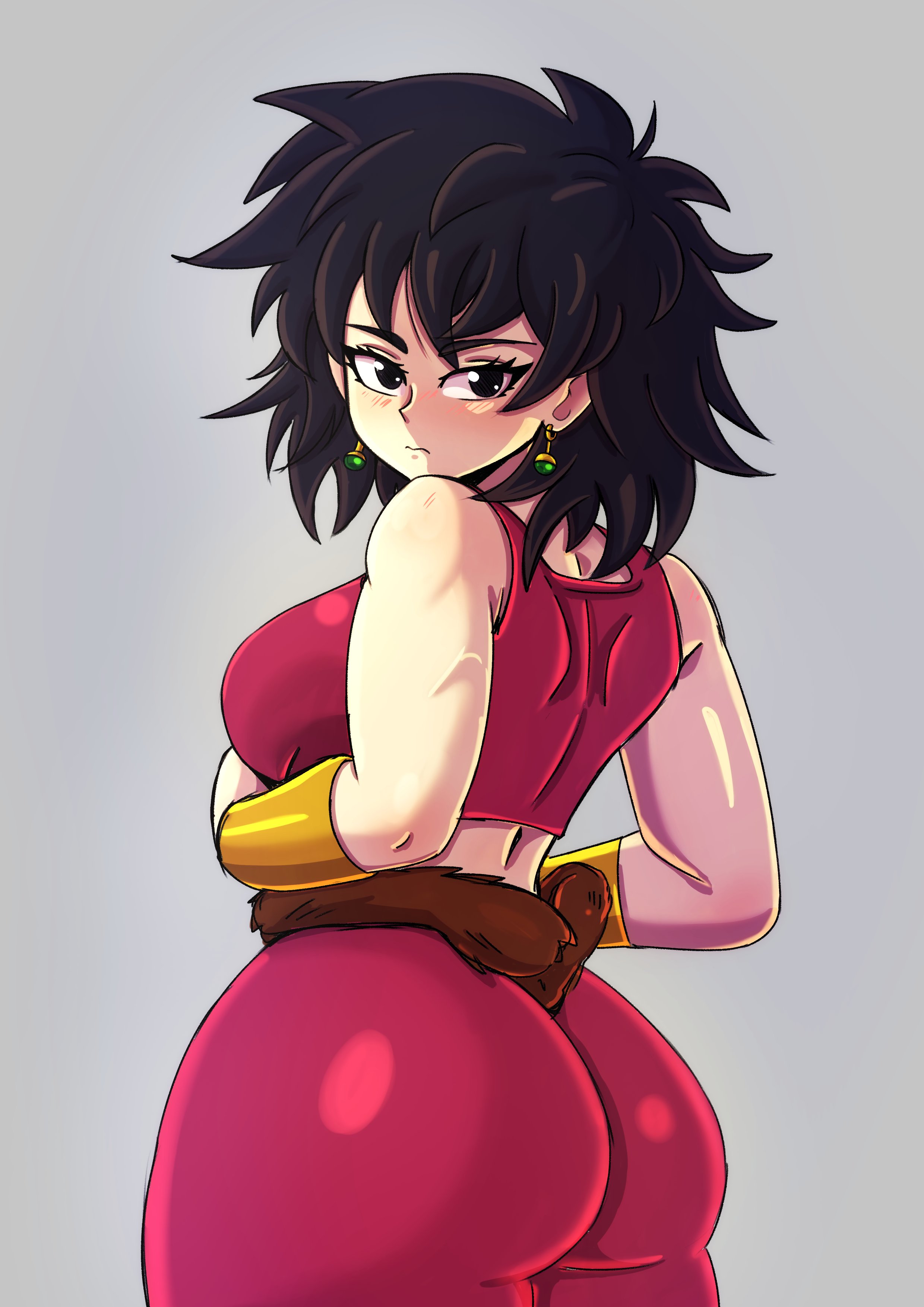 alien, alien girl, alien humanoid, ass, behind view, big ass, big butt, black hair, black hair female, butt, clothed, clothed female, dragon ball, dragon ball minus, dragon ball super, female, female focus, female only, from behind, from behind position, gine, kefla, kefla (cosplay), kefla (dragon ball), large ass, large butt, light skin, light-skinned female, looking at viewer, looking back, saiyan, saiyan female, saiyan girl, saiyan tail, stachewaffle, tail, wafflestache