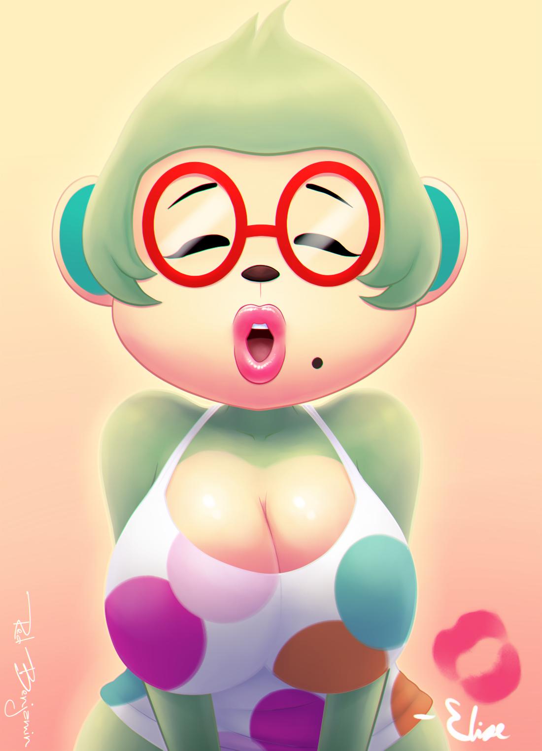 1girls animal_crossing anthro beauty_mark cleavage elise_(animal_crossing) female furry glasses grey_fur kissing lipstick monkey nintendo redbenjamin solo thick_lips