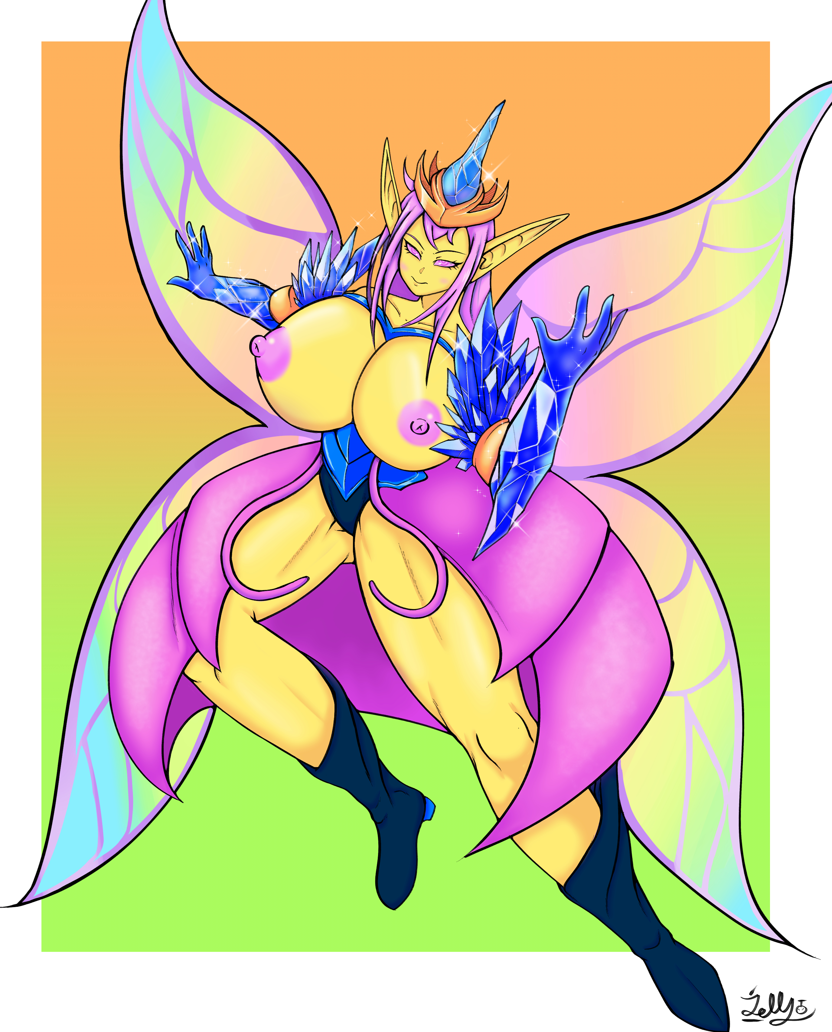 big breasts, boots, bottle-o-jelli, breasts, breasts out, elf ears, empress of light, fairy wings, female, huge breasts, monster girl, muscular, muscular female, muscular thighs, pointy ears, purple eyes, purple hair, terraria, thick thighs, wings, yellow skin