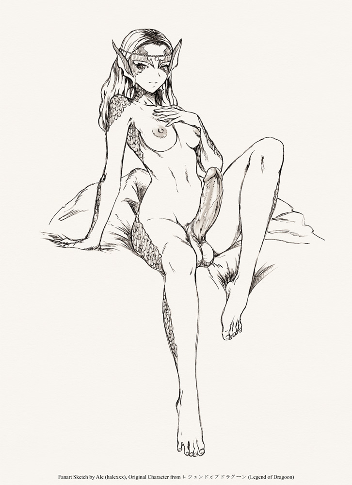 ale_(ale_halexxx) bed breasts feet female futa_only futanari halexxx long_hair mermaid monochrome navel nipples nude playstation smile testicles the_legend_of_dragoon toes