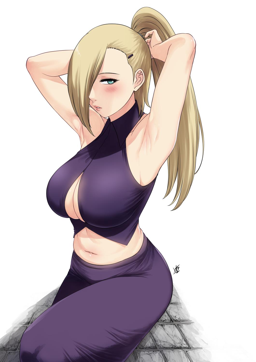 1girls adjusting_hair armpits arms_up big_breasts blonde_hair blue_eyes blush boruto:_naruto_next_generations breasts cleavage_cutout clothing female female_only hair_over_one_eye ino_yamanaka long_hair looking_at_viewer milf mother naruto naruto_(series) ponytail solo tied_hair xter xtermination