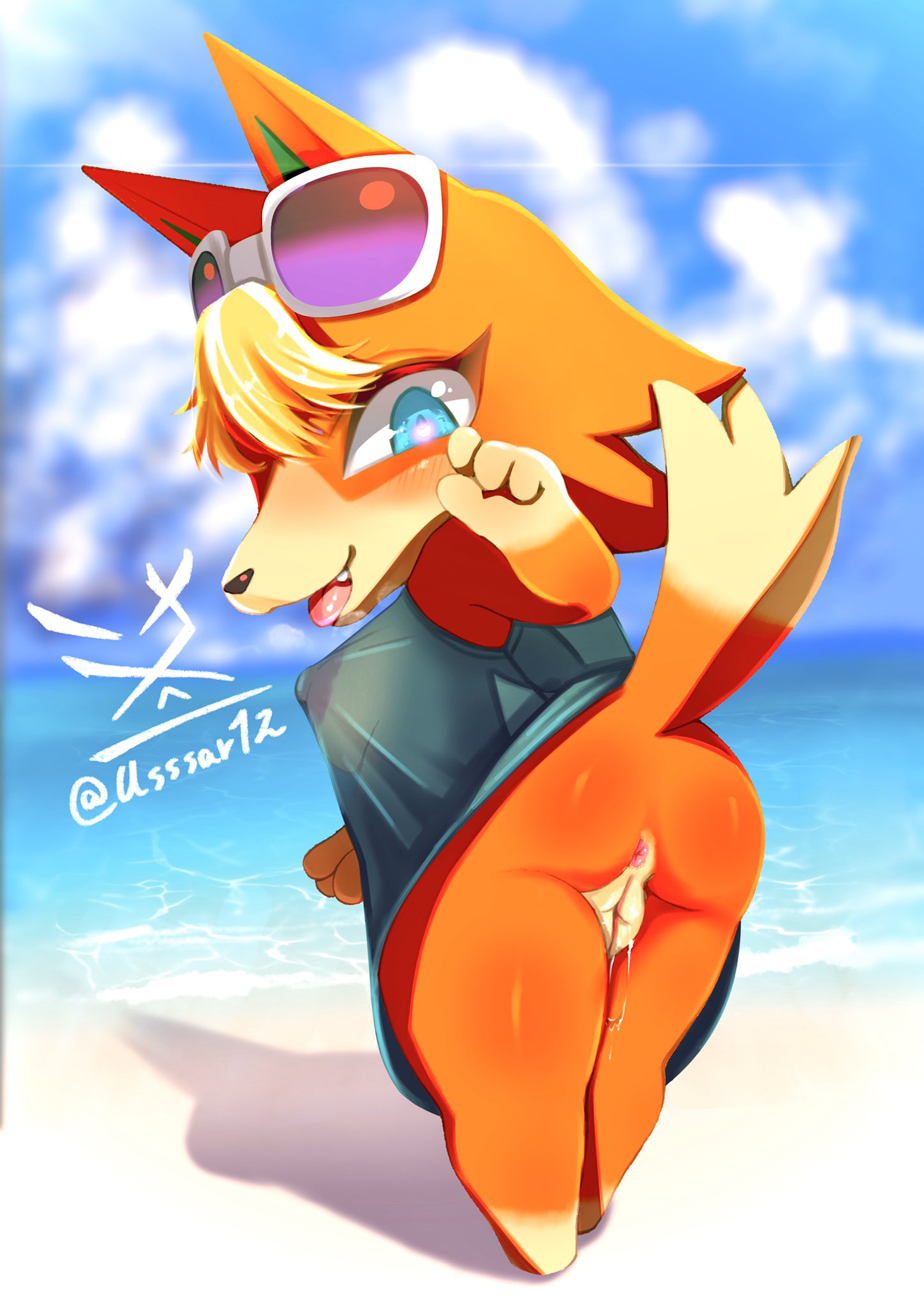 animal_crossing anthro anus ass audie_(animal_crossing) beach blush bodily_fluids bottomless breasts canid canine canis cute_fangs eyewear female fur furry furry_only genital_fluids genitals heart heart-shaped_pupils hi_res highres looking_at_viewer looking_back mammal nintendo nipple_outline open_mouth partially_clothed pussy pussy_juice seaside solo sunglasses symbol-shaped_pupils tail tongue tongue_out topwear usssar12 water wolf