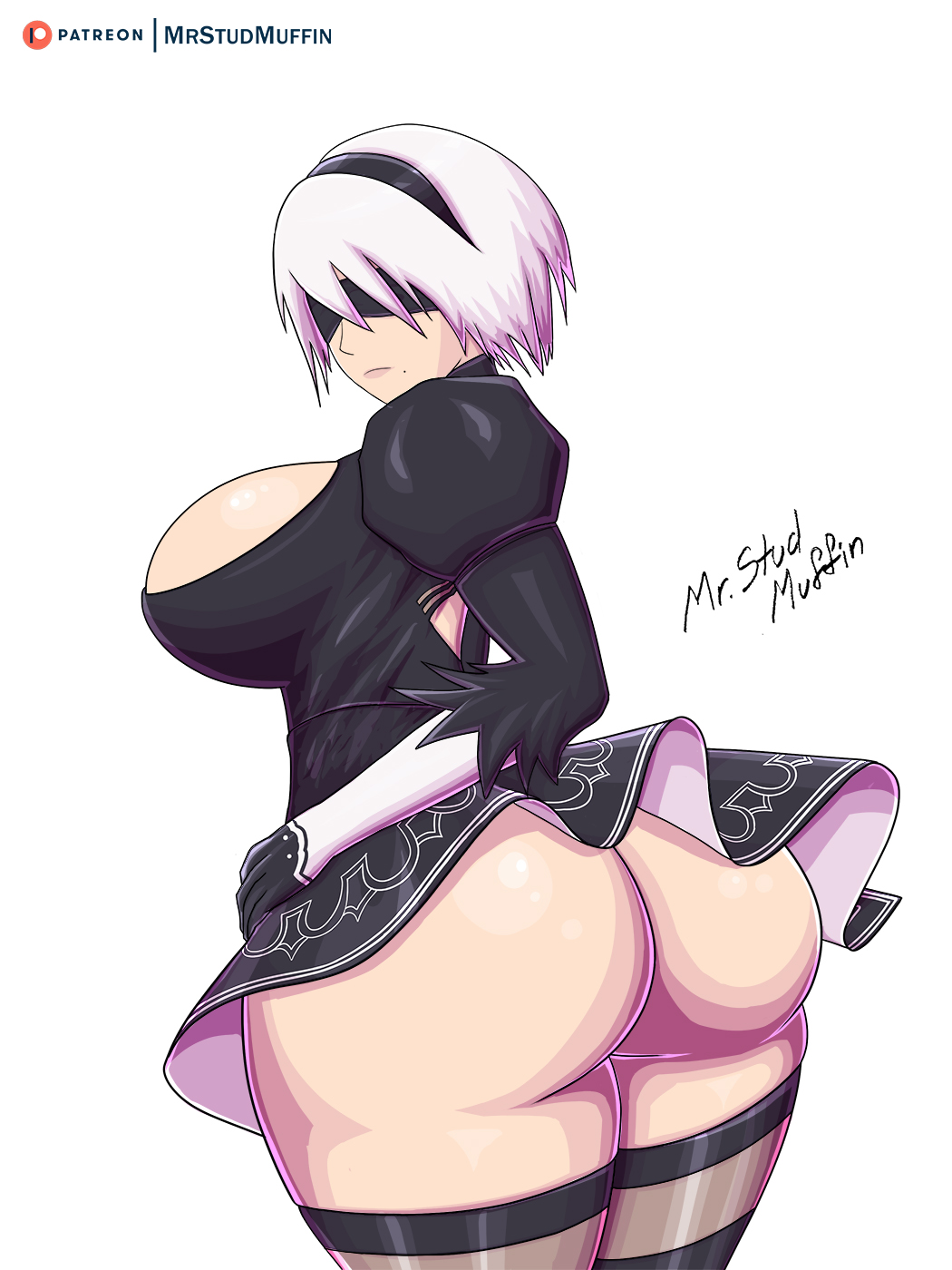 android, ass, big ass, big breasts, blindfold, breasts, female, female only, mrstudmuffin, nier, nier: automata, short hair, skirt, solo, solo focus, thick thighs, white background, white hair, yorha 2b
