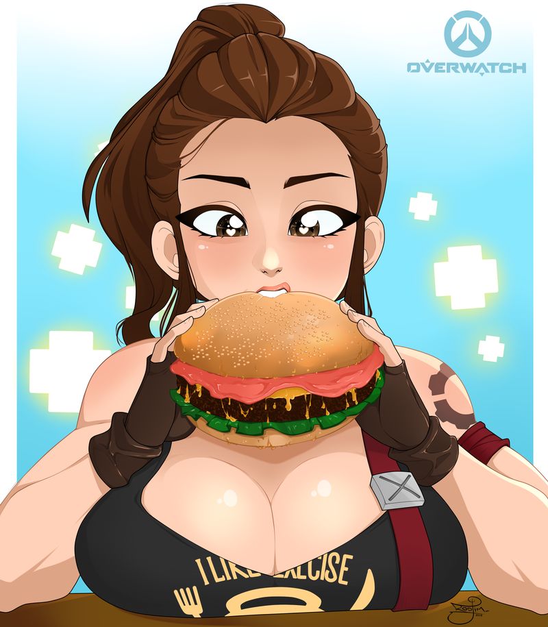 1girls, 2d, big breasts, breasts, brigitte, cleavage, eating, female, female only, food, hamburger, large breasts, overwatch, rodjim, solo