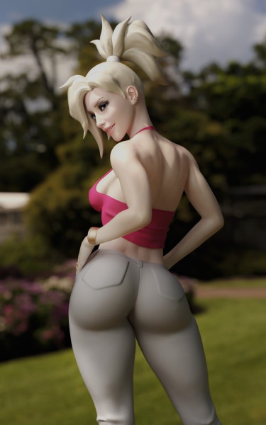 1girls, 3d, ass, big ass, blonde hair, clothed, female, jeans, looking at viewer, mercy, noah graphicz22, overwatch