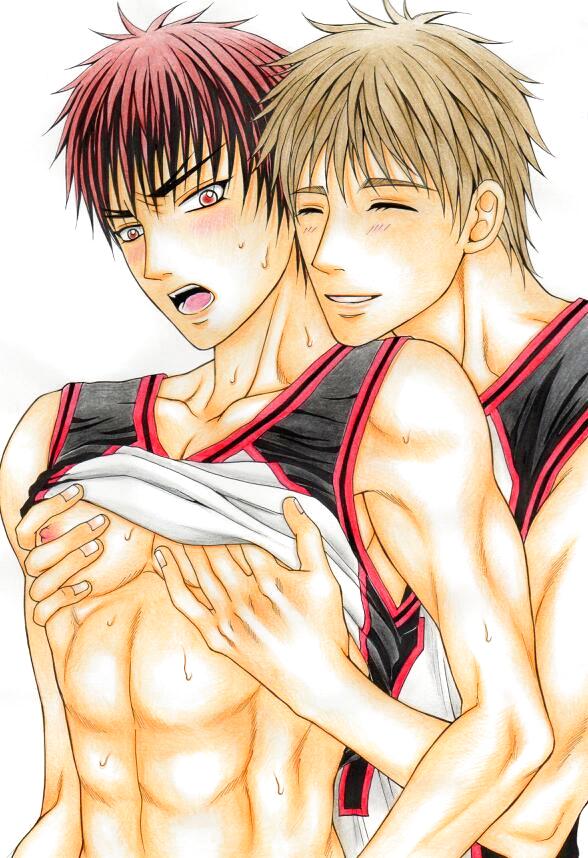 2boys abs basketball_uniform blush brown_hair gay kagami_taiga kiyoshi_teppei kuroko_no_basuke nipples red_hair short_hair smile sweat uniform white_background yaoi