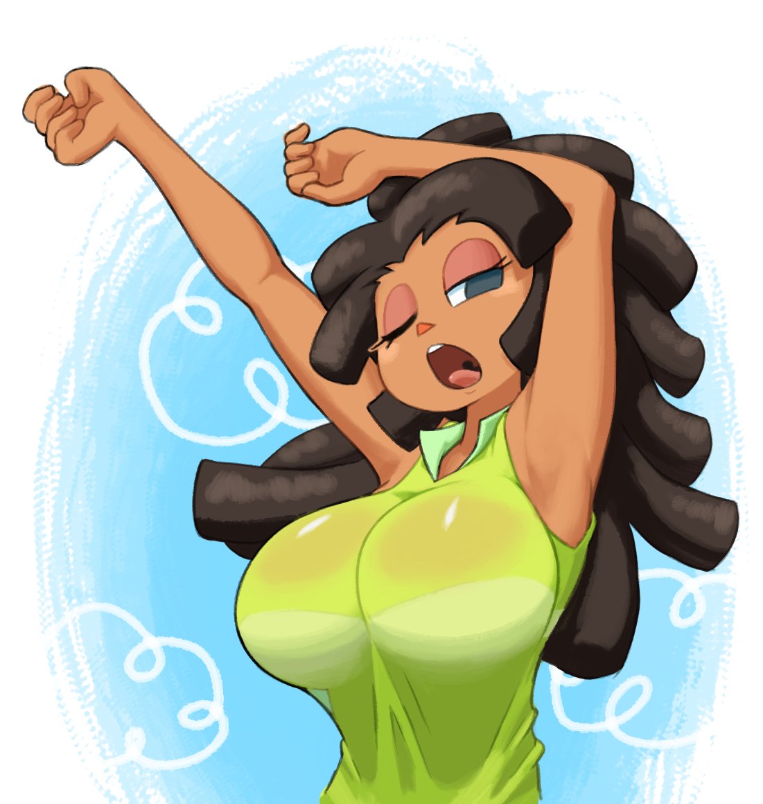 1girls, alternate body type, alternate breast size, animal crossing, animal crossing girl, breasts, dark skin, dark-skinned female, female, female only, huge breasts, long hair, minus8, nintendo, one eye closed, only player, see-through clothing, solo, tagme, villager (animal crossing)