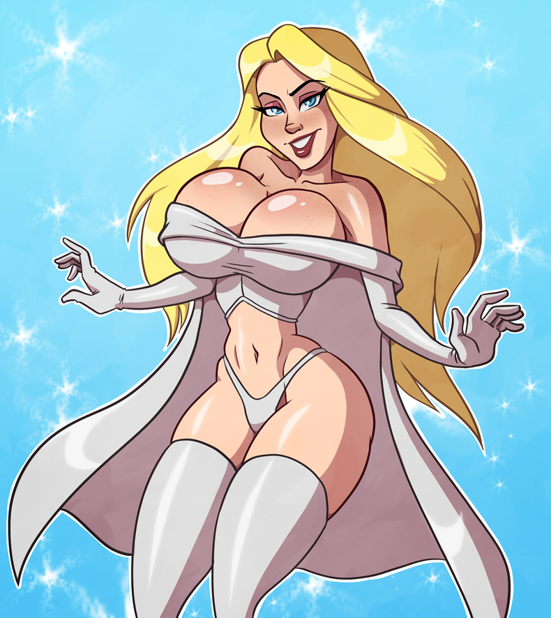 big breasts, blonde hair, blue eyes, breasts, emma frost, female, female only, long hair, marvel, marvel comics, mature female, mutant (marvel), phazyn, solo, solo female, solo focus, thighhighs, white queen, x-men