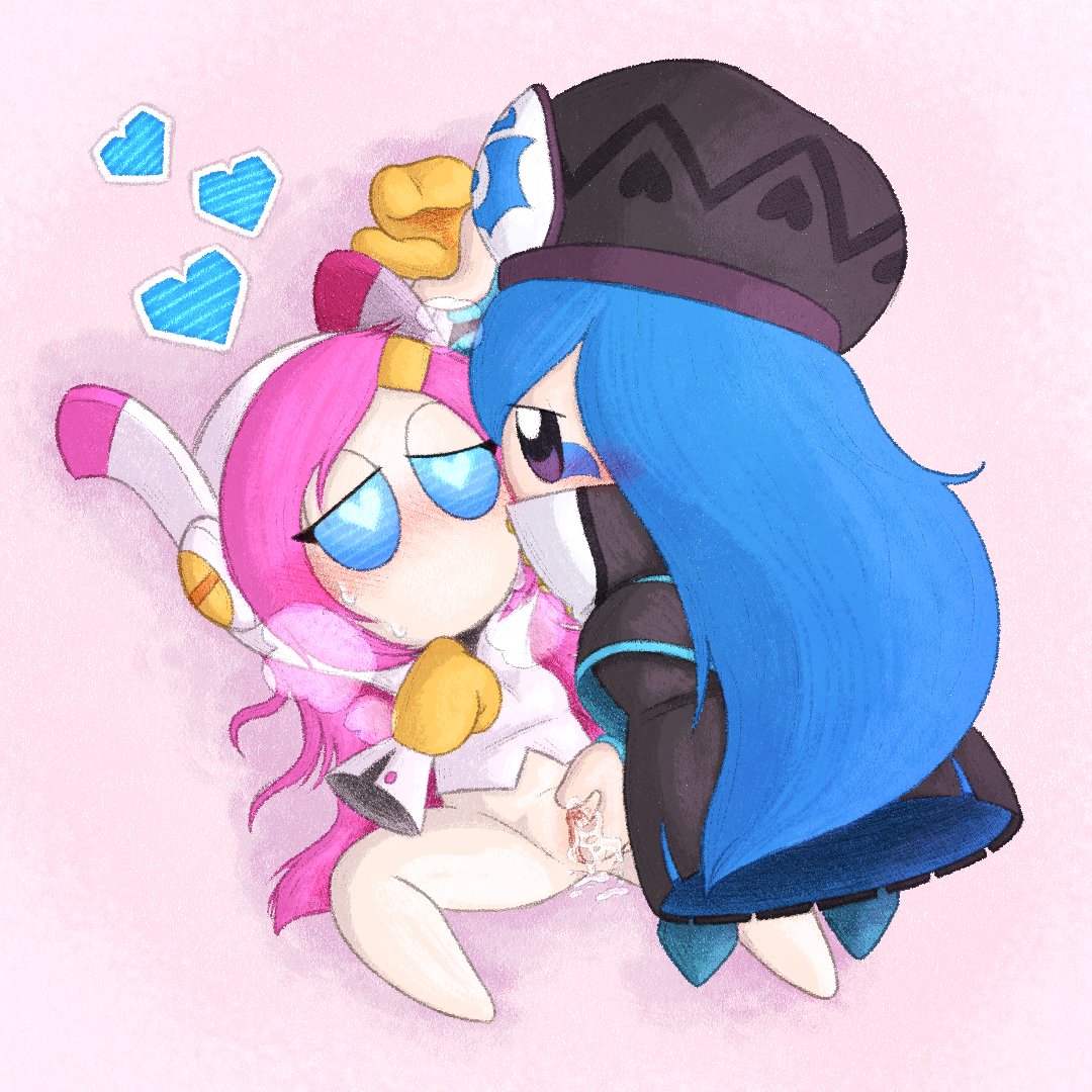 2girls anthro blue_hair fingering francisca_(kirby) heart_eyes kirby_(series) kirby_planet_robobot kirby_star_allies lesbian mouthless mouthless_female multiple_girls pervoborb pink_hair susanna_patrya_haltmann susie_(kirby) tagme yuri