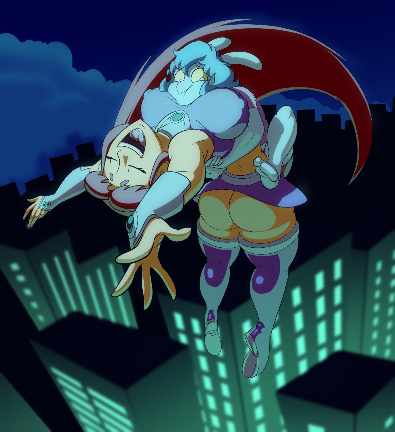 alien, alien girl, arched back, arms around waist, arms out, ass, big ass, big breasts, big butt, boots, breasts, bubble ass, bubble butt, closed eyes, daredemon7000, dc, dc comics, eyes closed, female, flying, green scales, happy, head between breasts, koriand'r, long hair, male, nice ass, nipple bulge, nipple outline, nipples, nipples visible through clothing, no panties, pantiless, red hair, relle, skin tight, skirt, starfire, straight, teen titans, uncensored