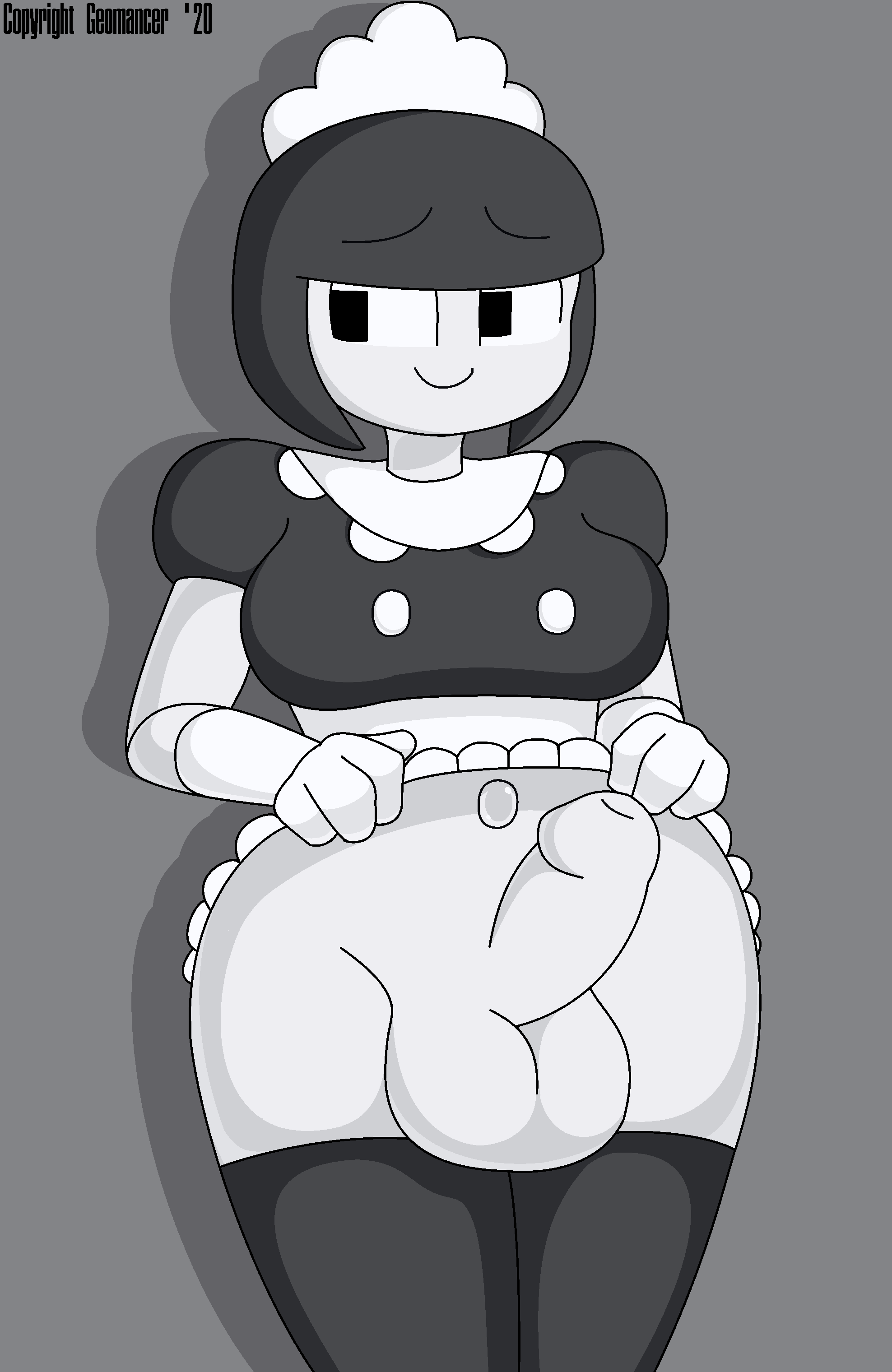 1futa, 2020, balls, big breasts, black eyes, black hair, black legwear, breasts, dickgirl, female, futa only, futanari, geomancer (artist), humanoid, humanoid penis, intersex, looking away, maid, maid headdress, maid uniform, maidbot (androjuniarto), mob face, monochrome, navel, penis, robot girl, short hair, simple background, skirt lift, smile, solo, tecnicide, testicles, thighhighs, white gloves