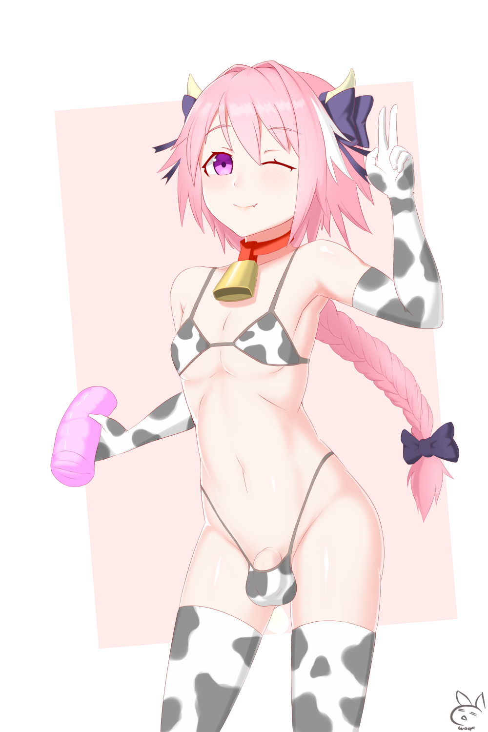 1boy abs androgynous astolfo_(fate) balls balls_in_panties bulge cow_bikini cow_costume cowbell fate/grand_order fate_(series) femboy flat_chest girly gloves long_hair male male_only micro_bikini pale-skinned_male pale_skin penis_bulge pink_hair purple_eyes solo thick_thighs thighhighs thighs trap woof_(artist)