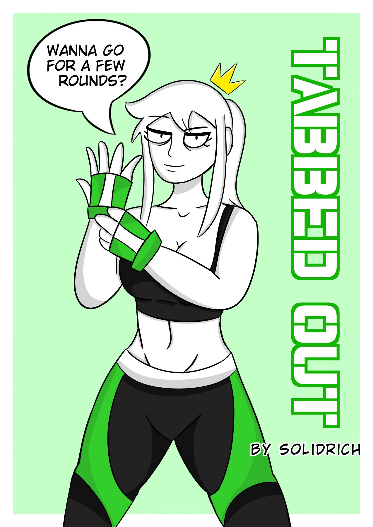 1girls 2020 cleavage comic comic_cover crown dialogue english_text eyebrows eyebrows_visible_through_hair eyelashes female fingerless_gloves gloves green_background green_gloves green_text gym_clothes gym_pants gym_uniform legs_apart looking_at_viewer pants ponytail short_hair simple_background smiling smiling_at_viewer solidrich solo speech_bubble sports_bra tabbes text text_bubble watermark white_background white_body white_hair white_skin yoga_pants youtube youtuber