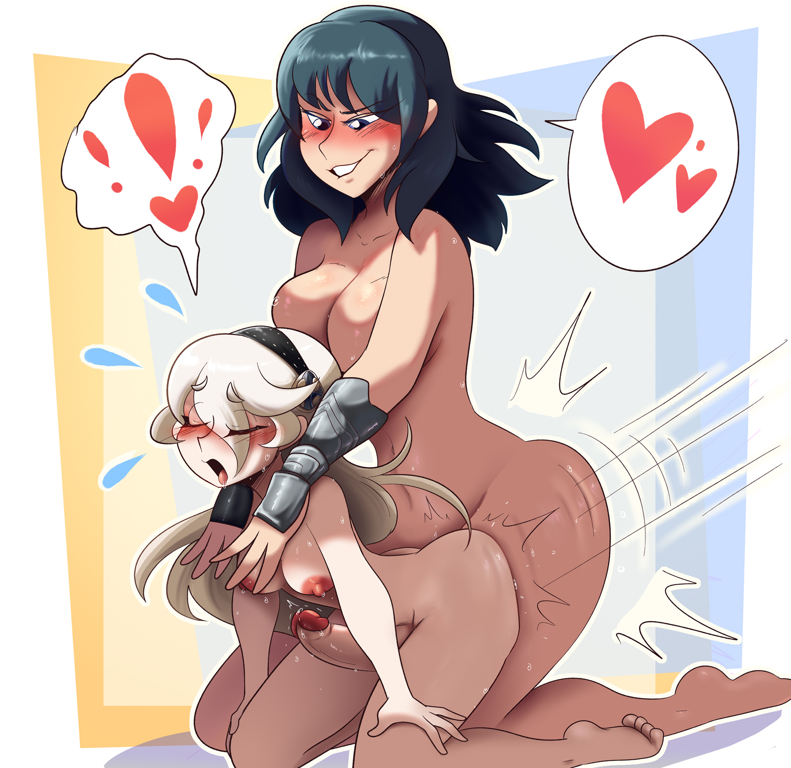 2futas, big breasts, big dom small sub, blush, breasts, byleth (fire emblem), byleth (fire emblem) (female), closed eyes, corrin (fire emblem), corrin (fire emblem) (female), female, fire emblem, fire emblem fates, fire emblem: three houses, futa only, futadom, futanari, futasub, grin, heart, intersex, kneeling, large breasts, larger futa, lewdloaf, looking pleasured, motion lines, nintendo, nipples, nude, nude female, open mouth, pale skin, rough sex, sex, silver hair, size difference, smaller futa, smile, speech bubble, spoken heart, tan, teal hair, thick thighs, wide hips